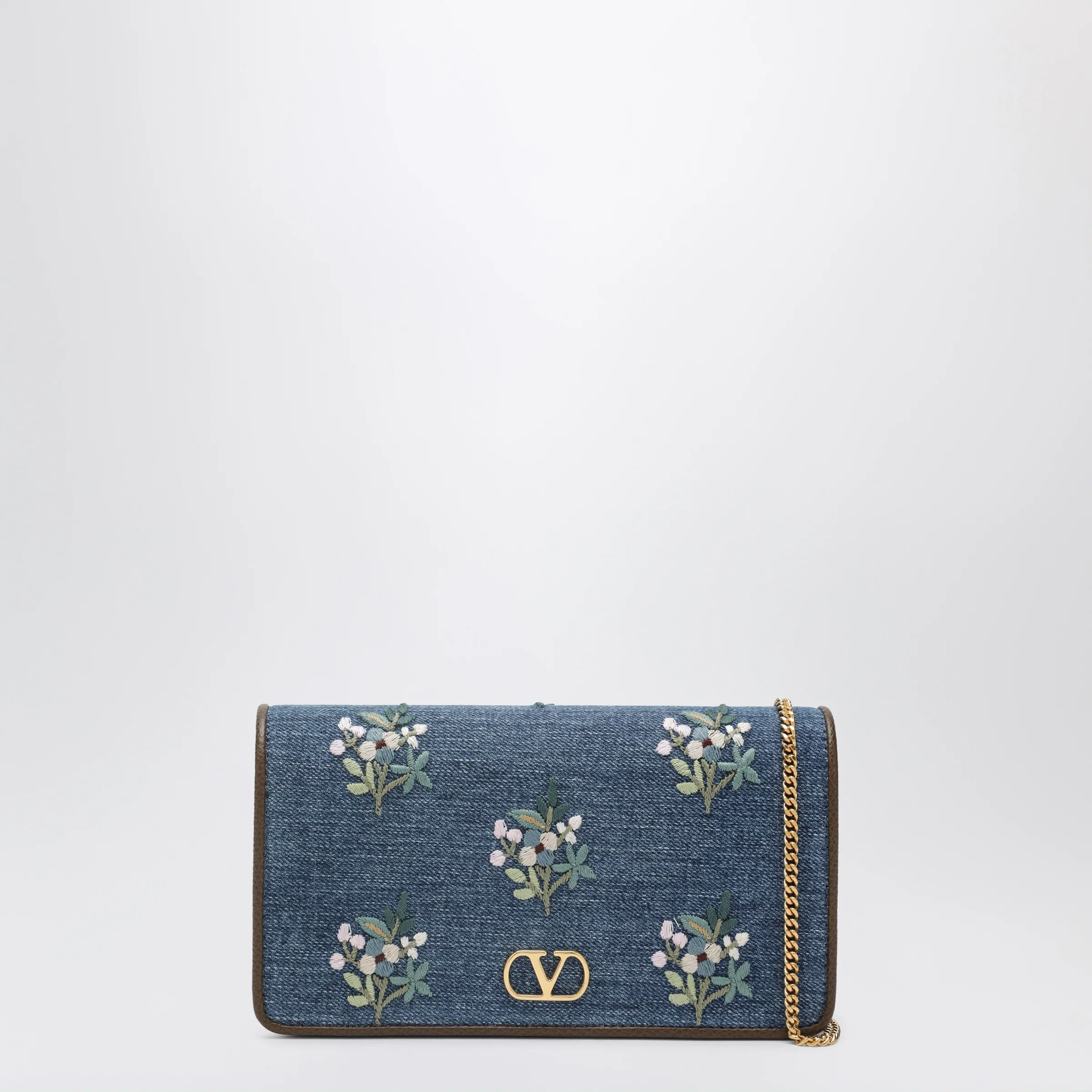 Valentino VLogo Signature mini crossbody bag in denim with floral embroidery