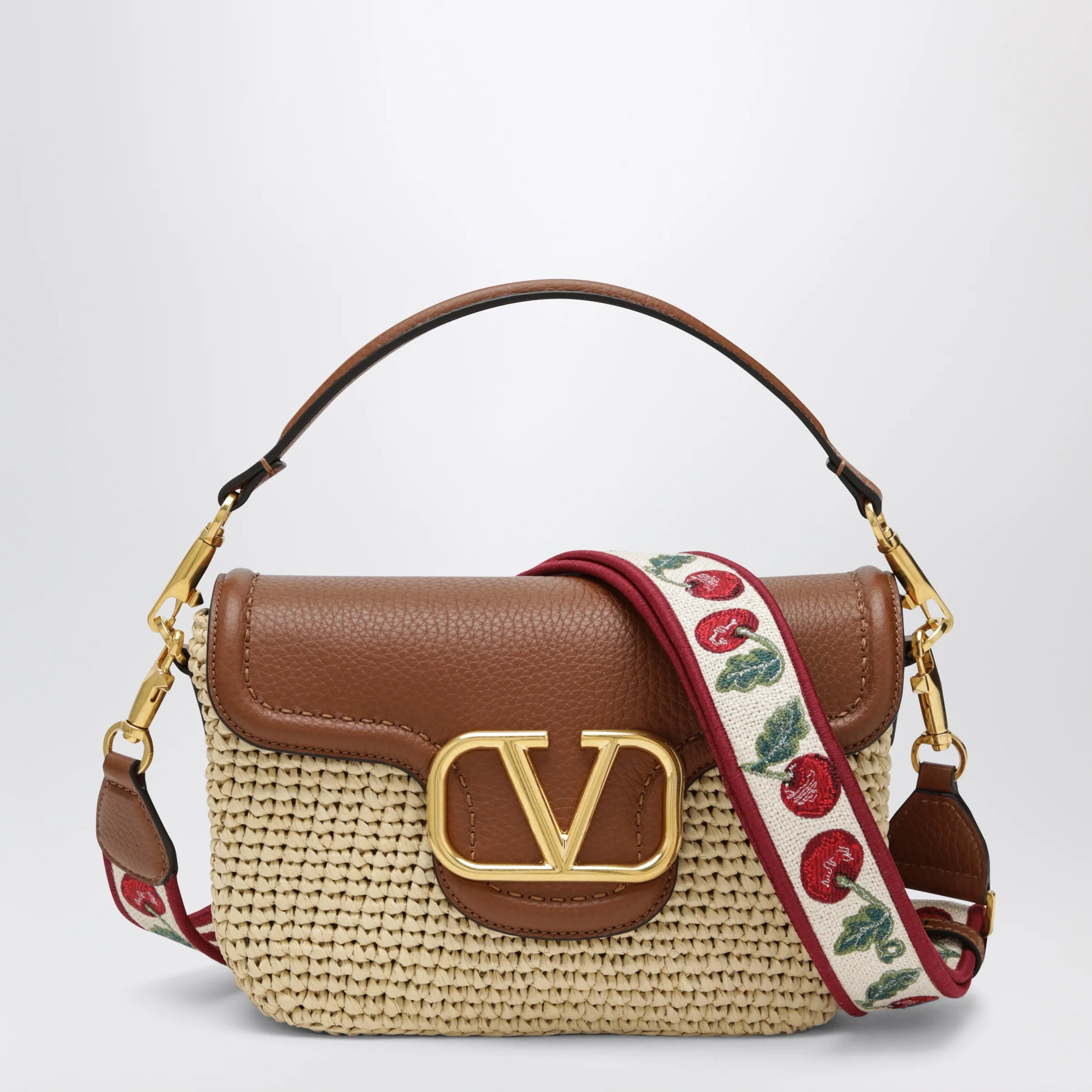 Valentino Garavani Alltime raffia and leather bag with Cherryfic embroidered strap