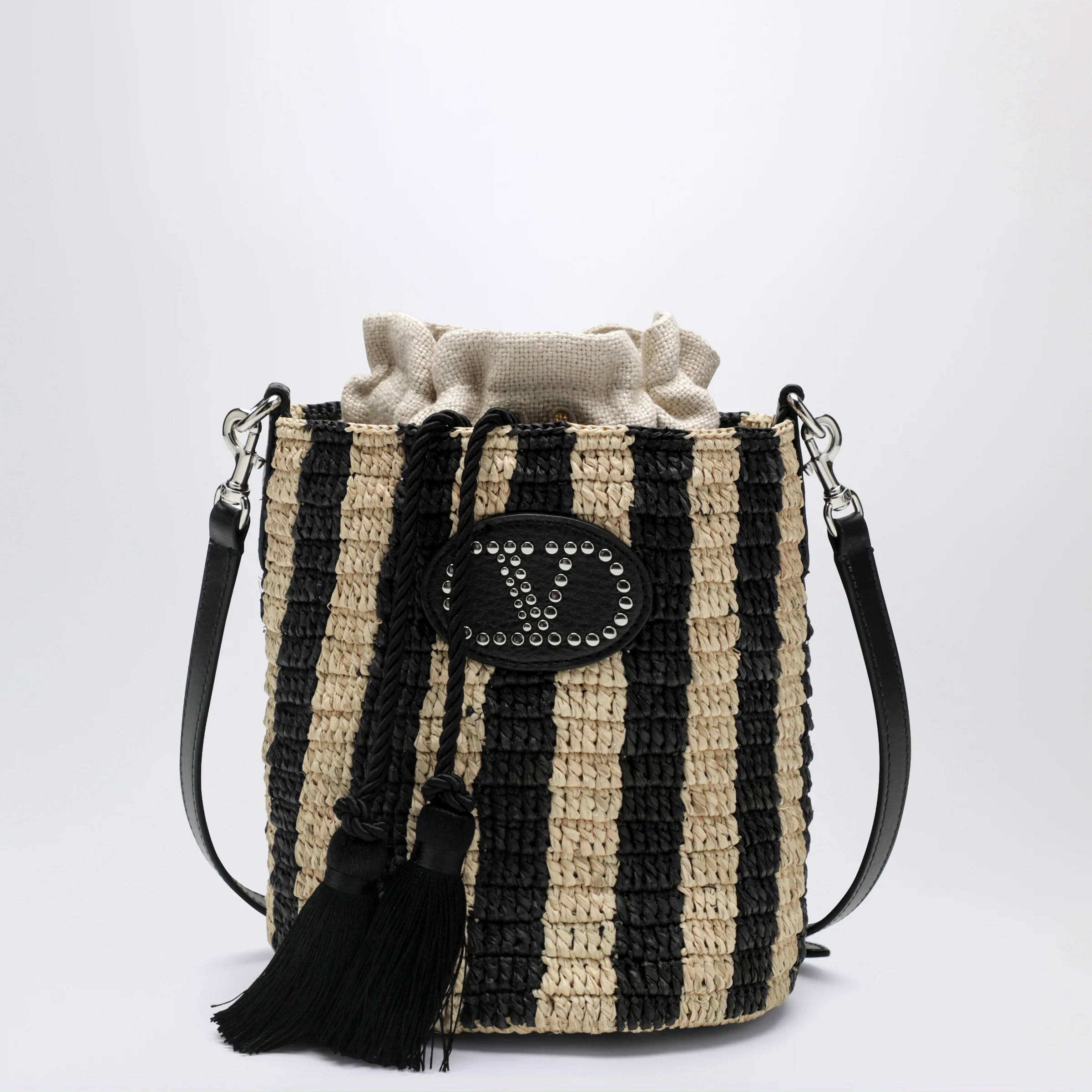 Valentino Garavani Small bucket bag in raffia with beige and black stripes