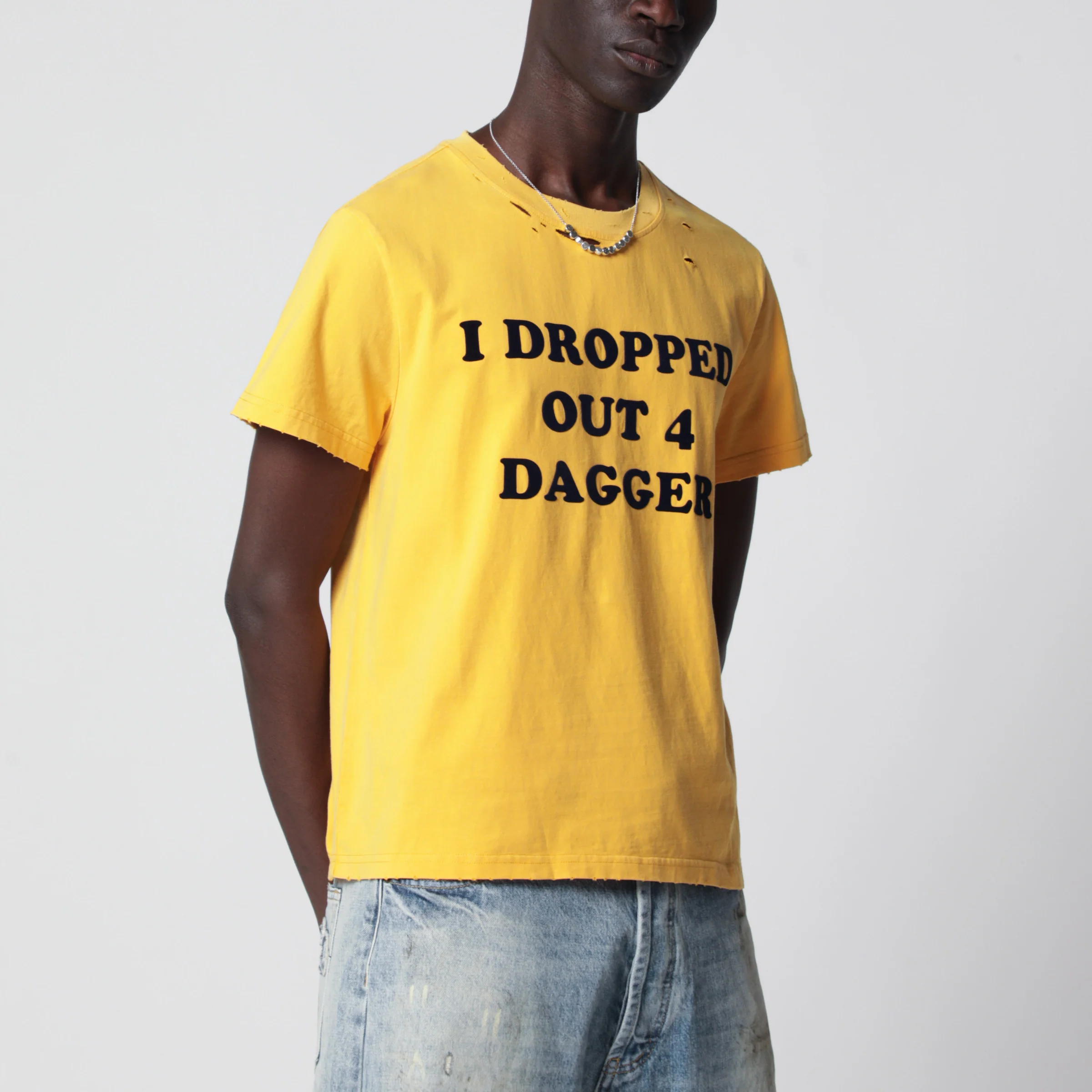 Yellow distressed I Dropped Out For Dagger T-shirt