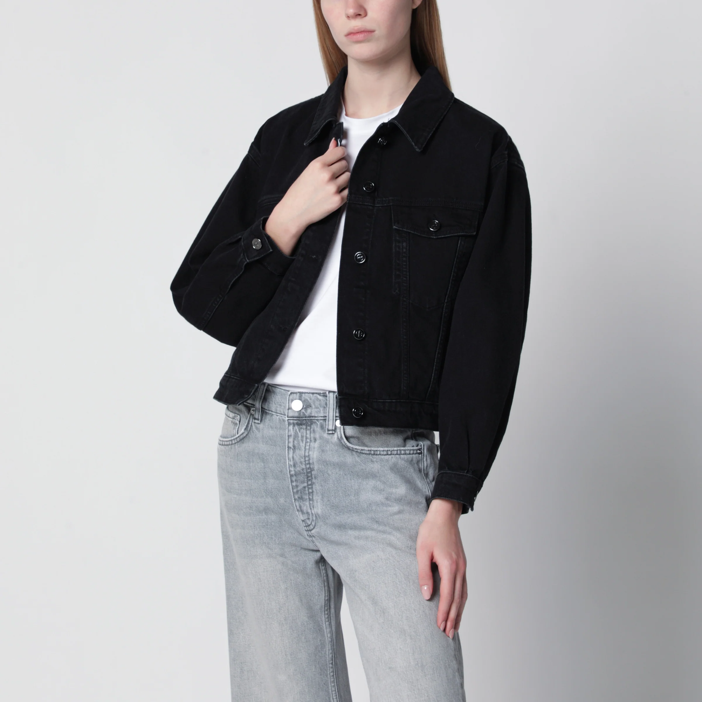 ANINE BING Quincy cropped black denim jacket in cotton