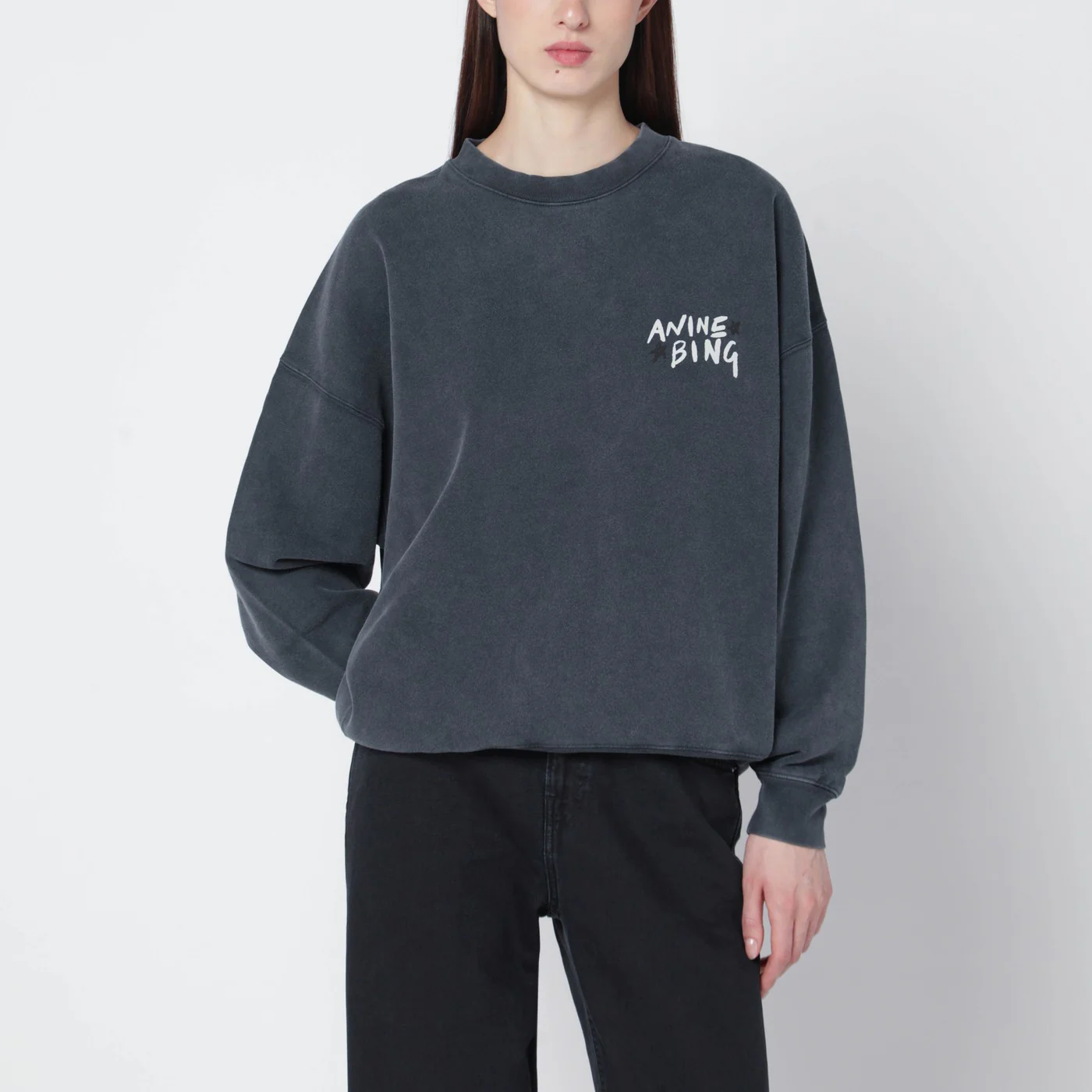 ANINE BING Black washed oversized sweatshirt with logo