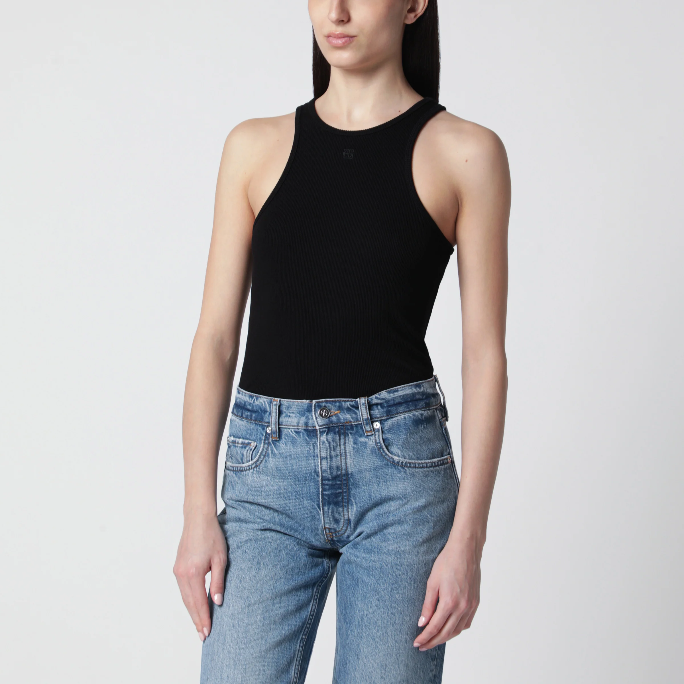 ANINE BING Black ribbed tank top with logo embroidery