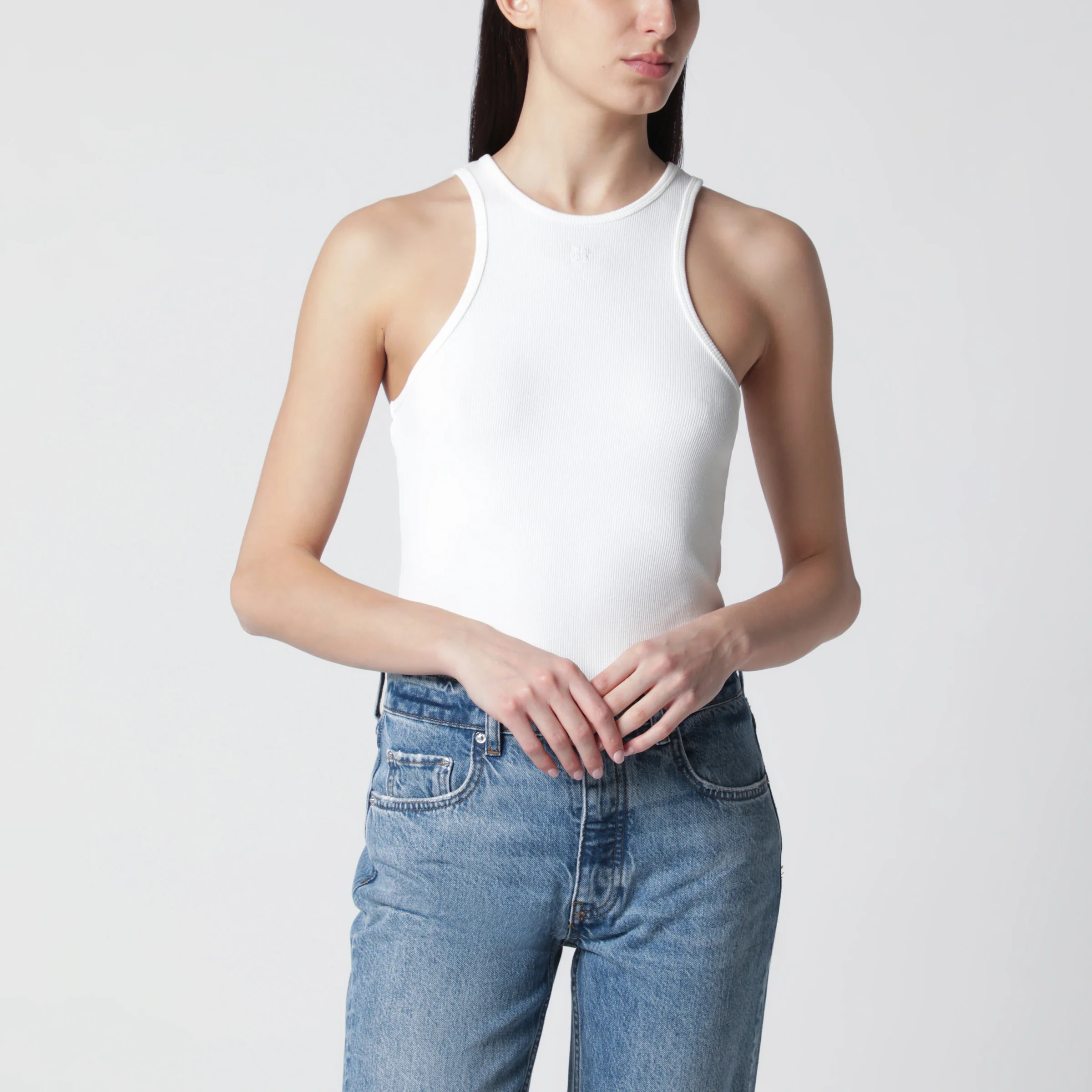 ANINE BING Cream ribbed tank top with logo embroidery