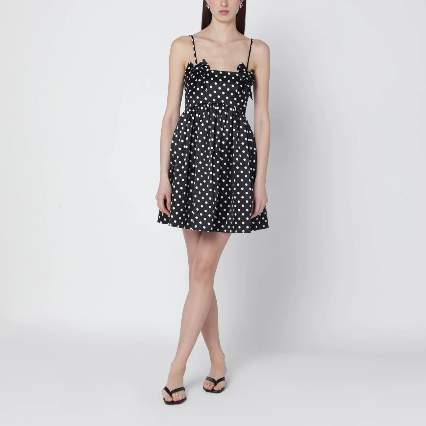 GANNI Black satin mini dress with polka dots