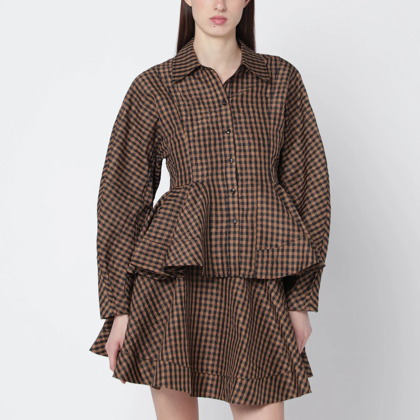 GANNI Brown/black gingham peplum shirt