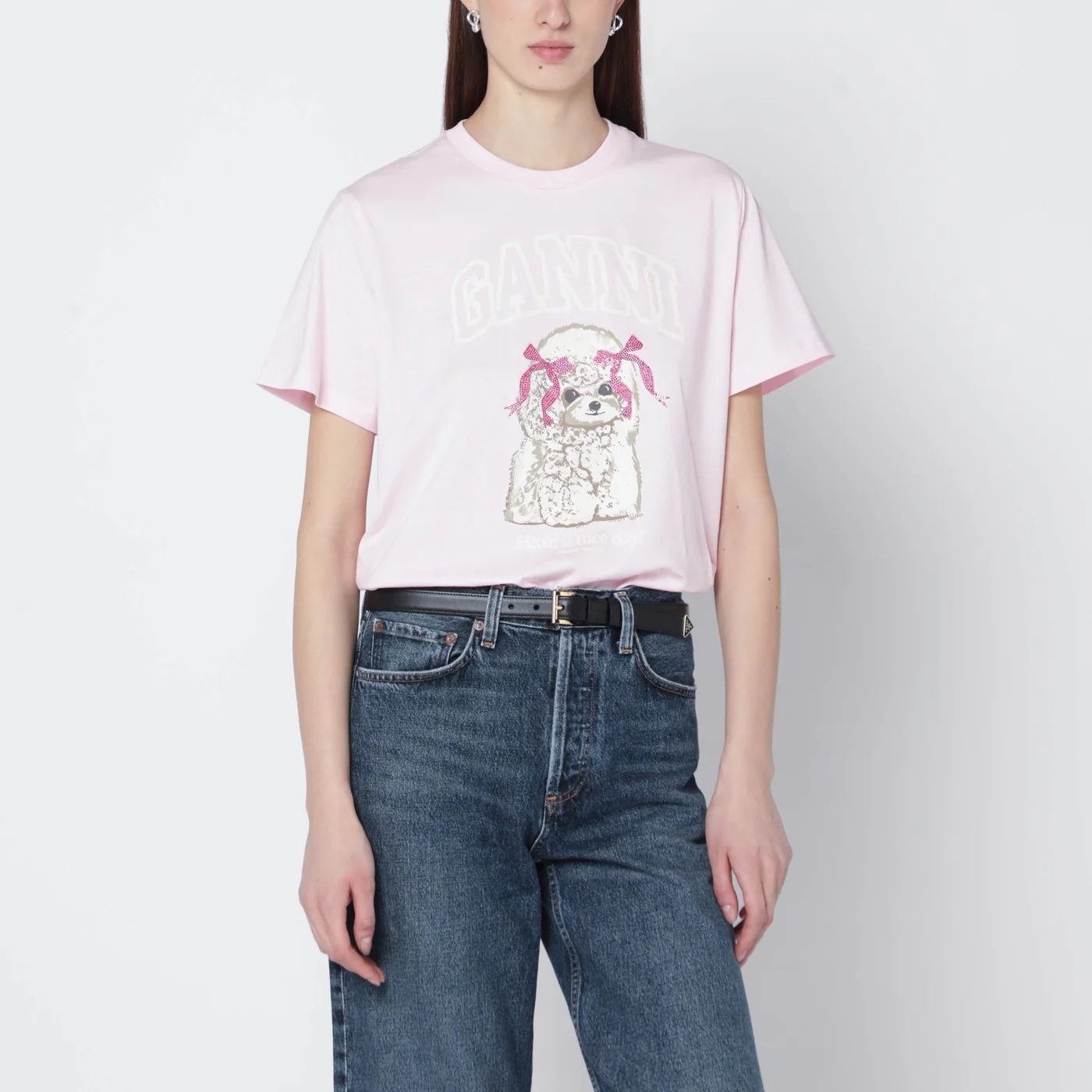 GANNI Light pink T-shirt with logo print