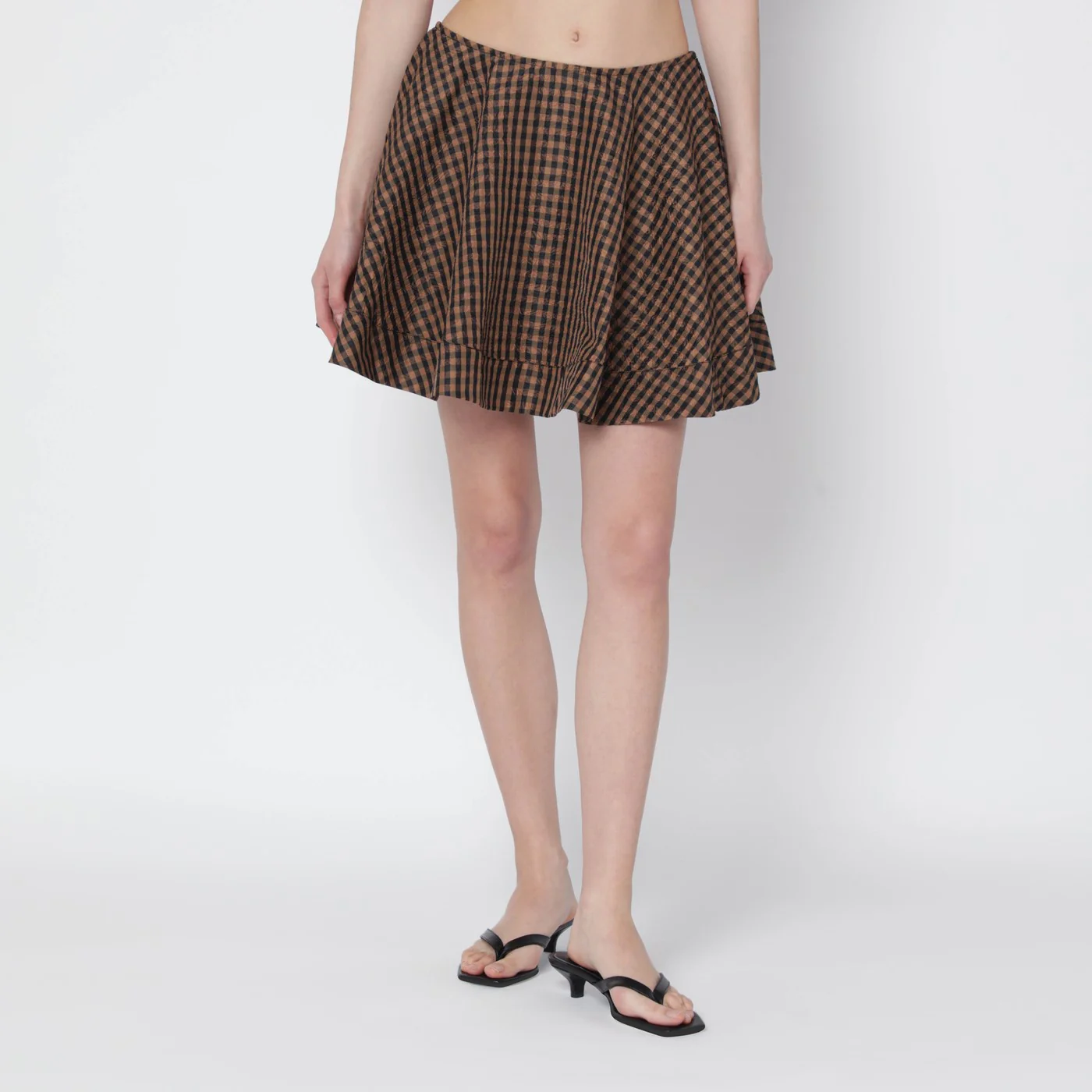 GANNI Brown/black gingham flared mini skirt