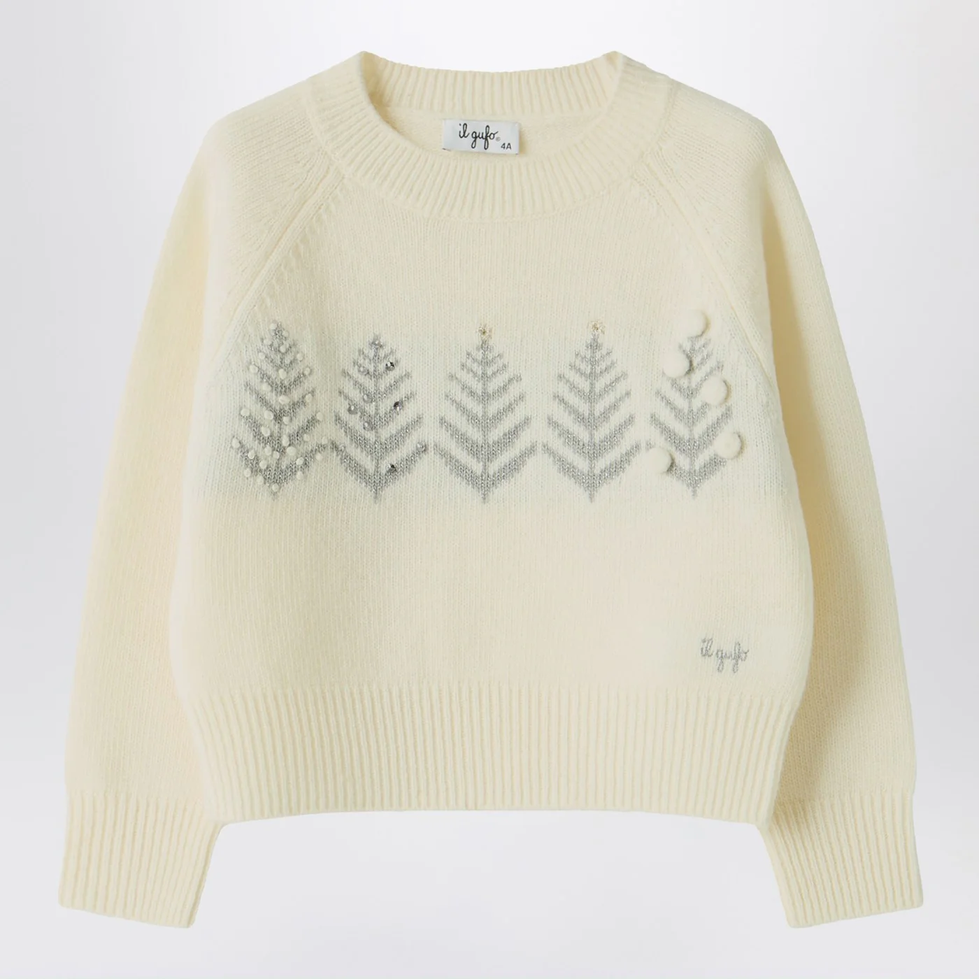 Il Gufo Ivory wool sweater with embroidery and rhinestones