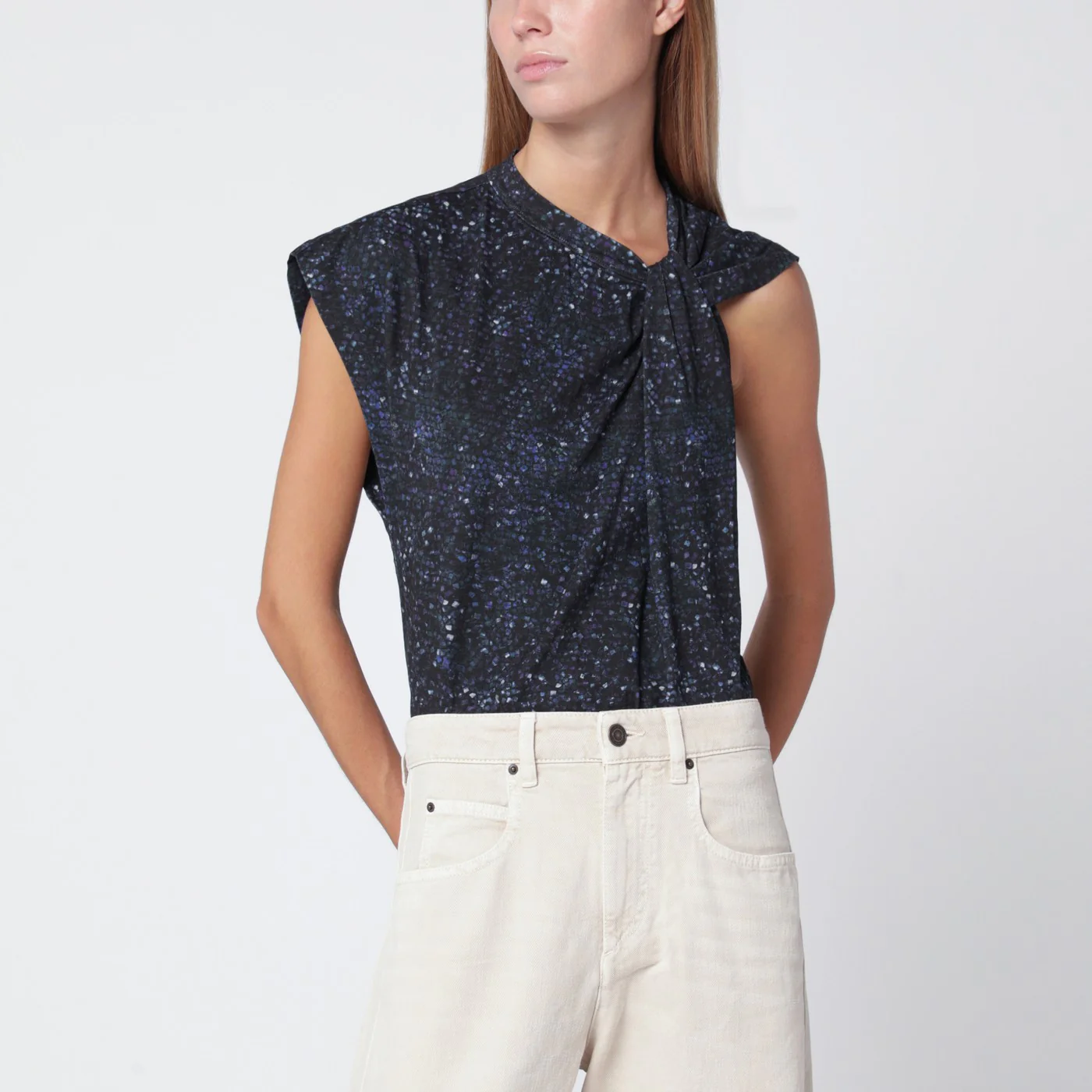 ISABEL MARANT Nayda asymmetrical T-shirt with midnight blue print