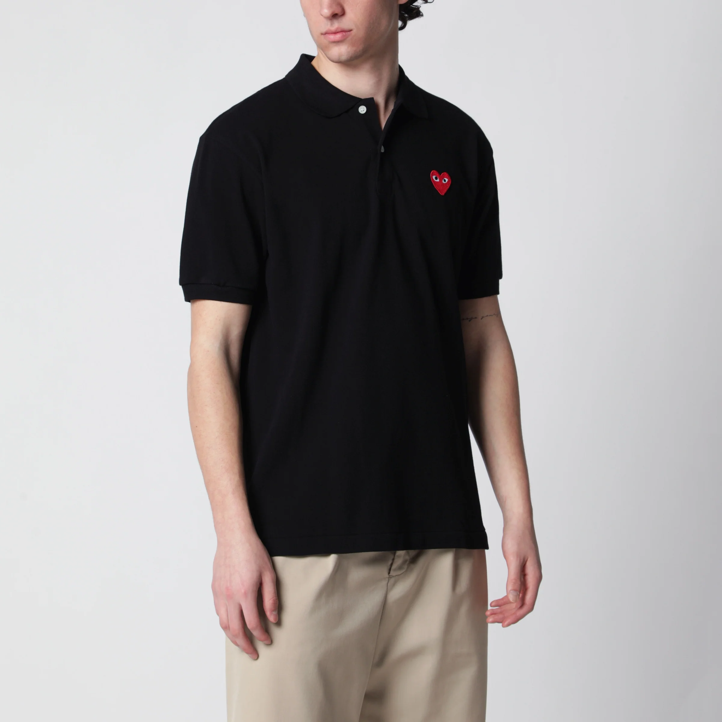 Comme des Garçons Shirt Black Red Heart cotton polo shirt