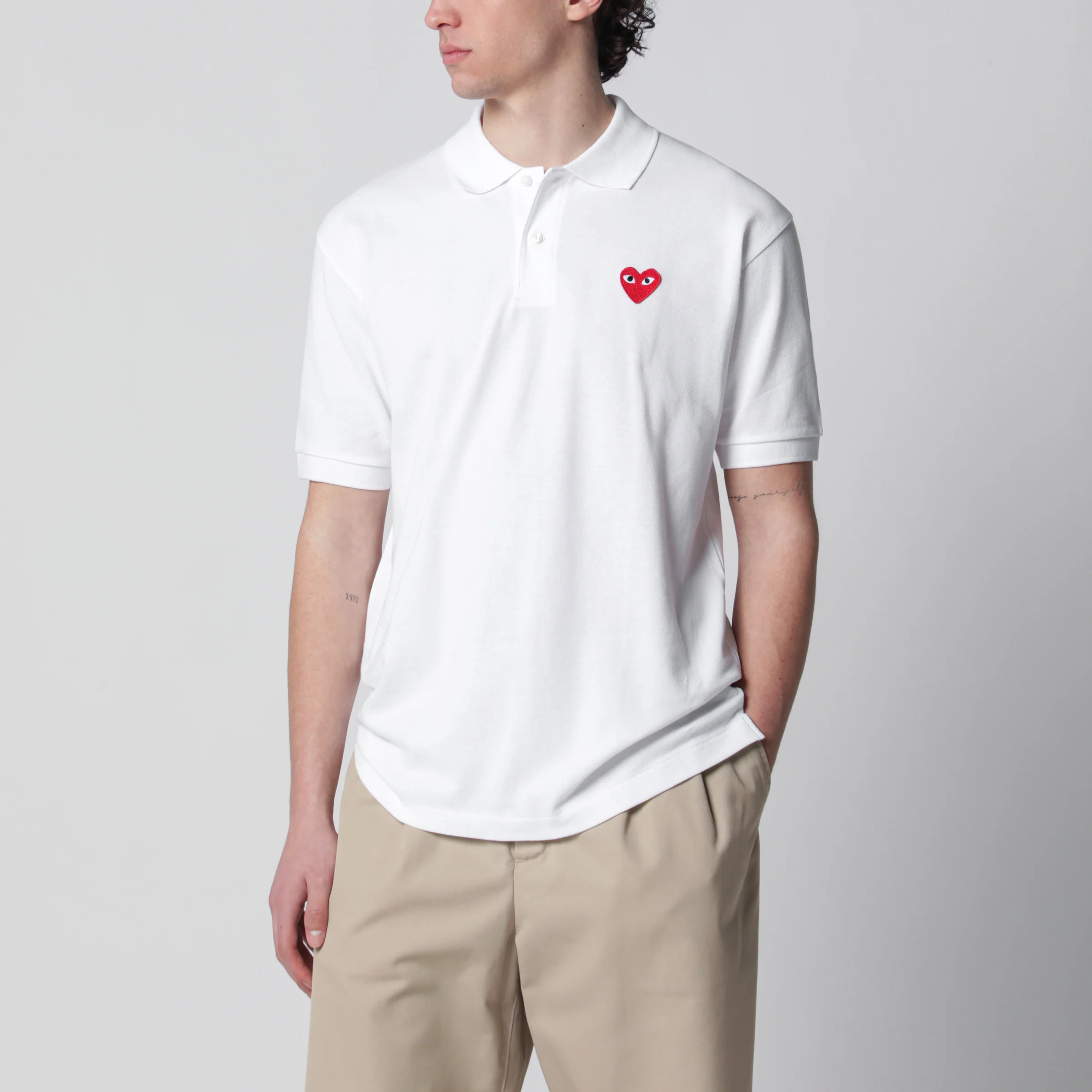 Comme des Garçons Shirt White Red Heart cotton polo shirt