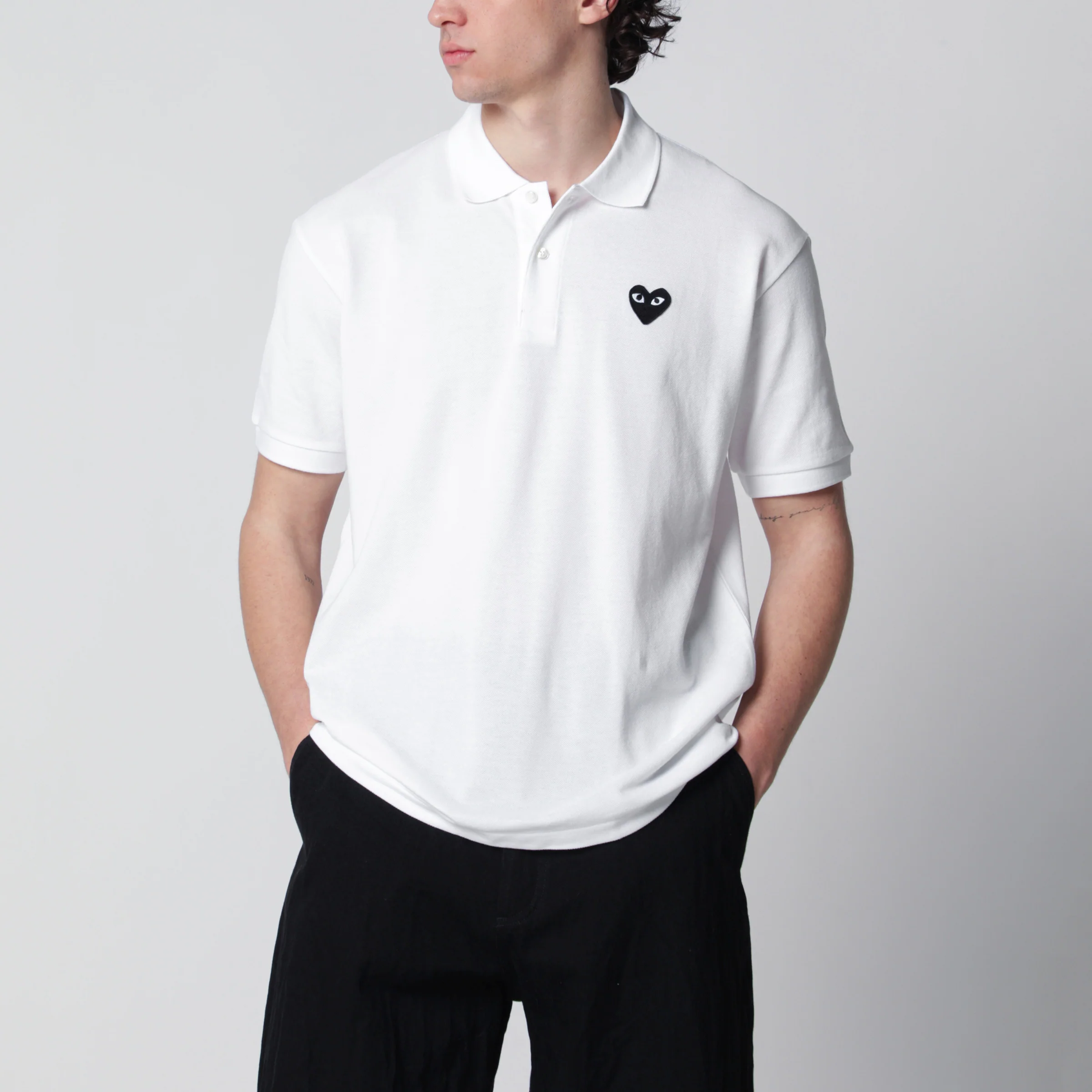 Comme des Garçons Shirt White Black Heart cotton polo shirt