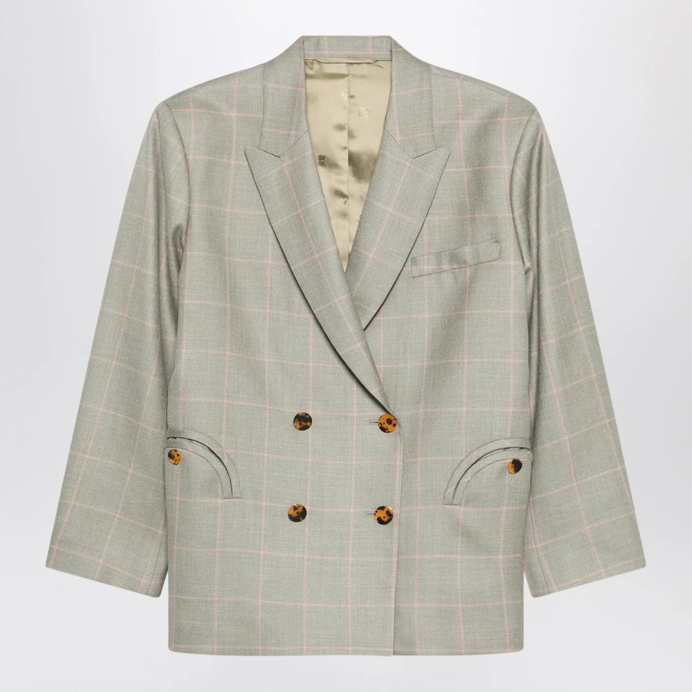 Blazé Milano Double-breasted beige blazer with pink check pattern