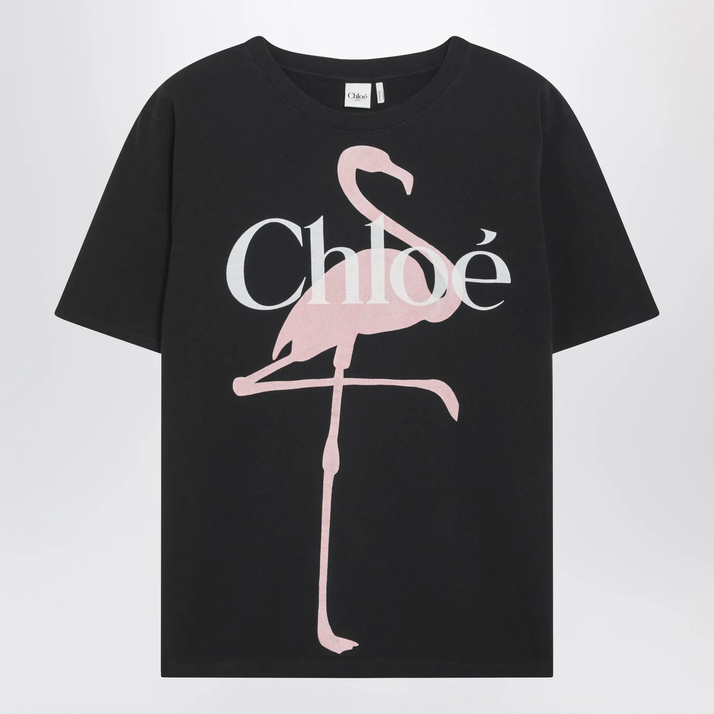 Chloé Black baby-fit T-shirt with logo and flamingo print