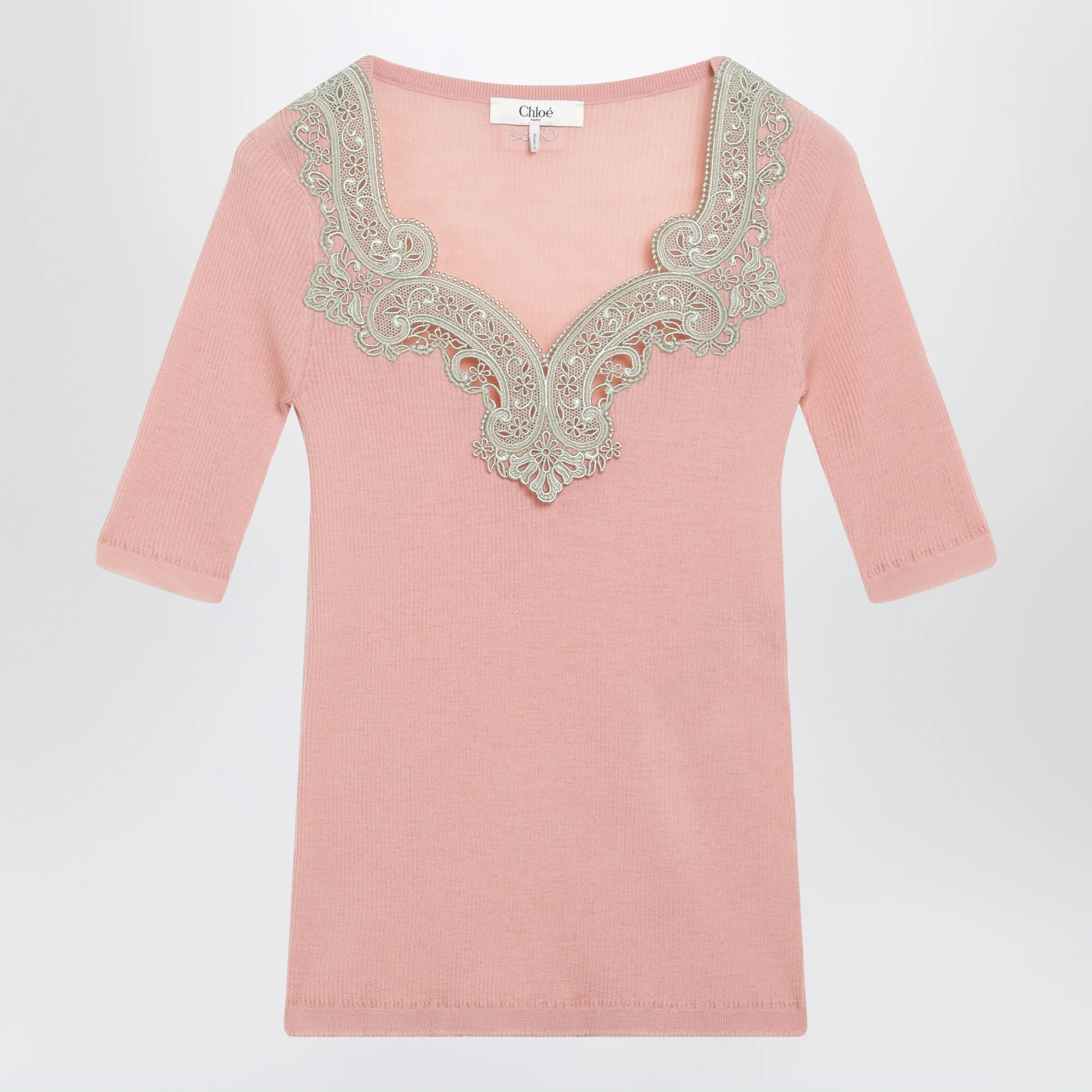 Chloé Fitted elbow-sleeve ribbed wool sweater with lace trim in pink