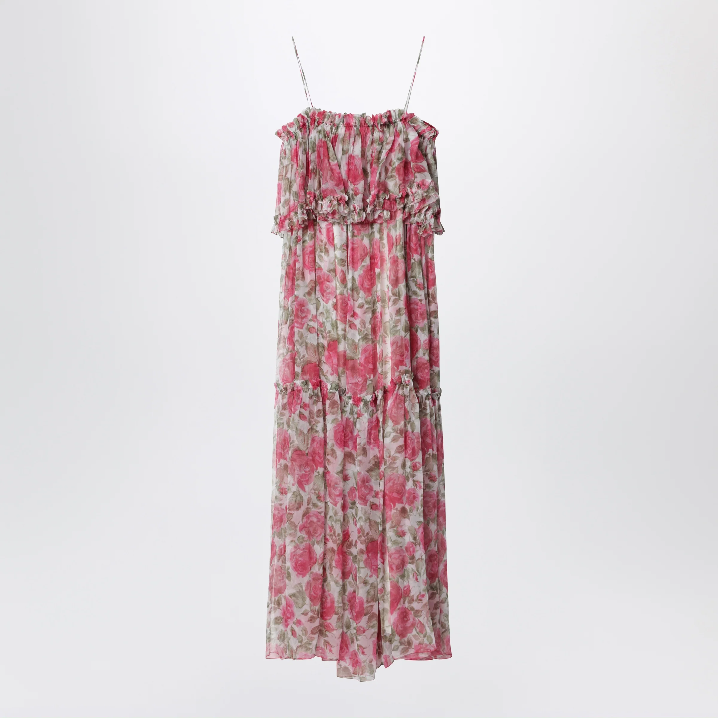 Chloé Long silk muslin dress with rose print, white/pink
