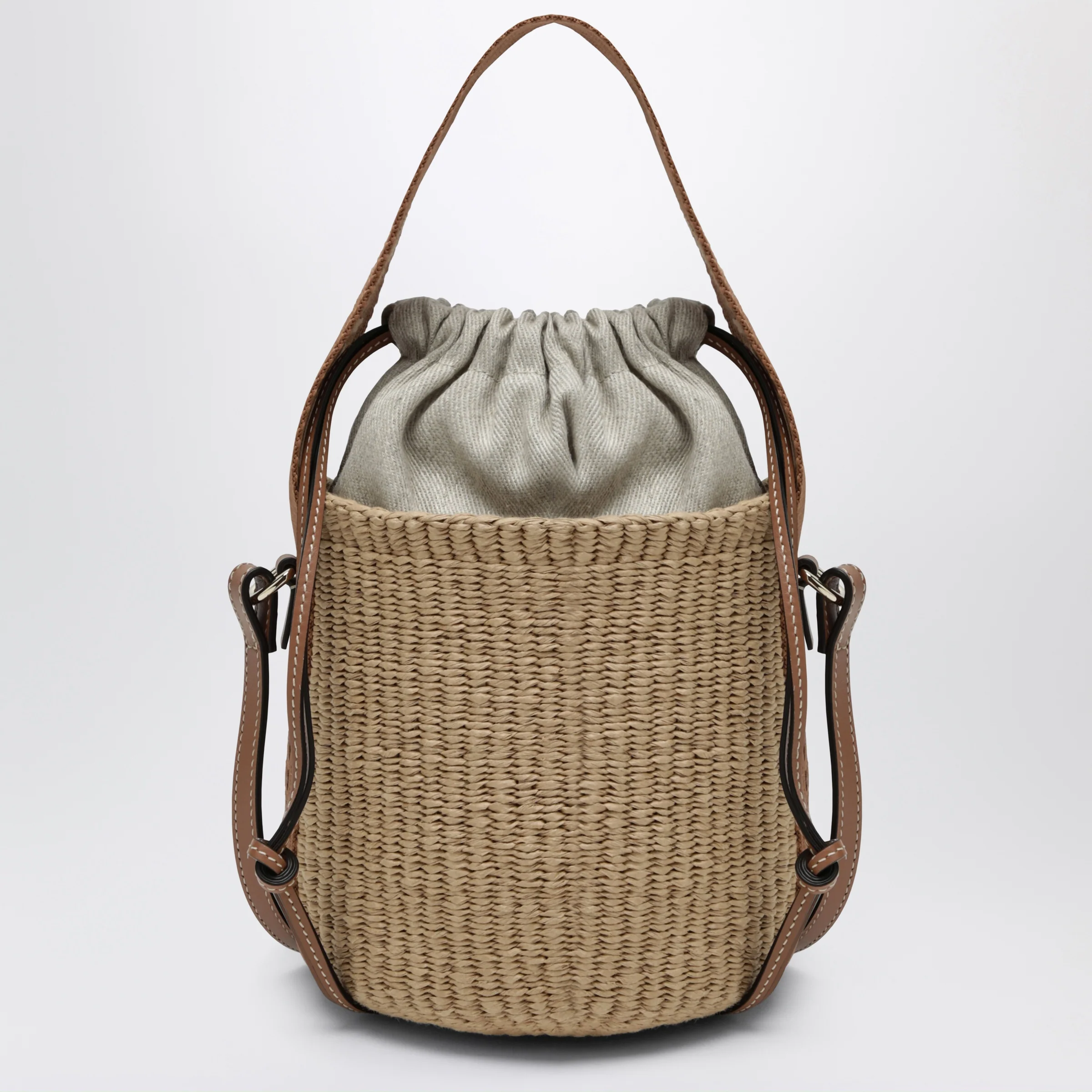 Chloé Small Woody bucket bag in woven paper and leather, beige