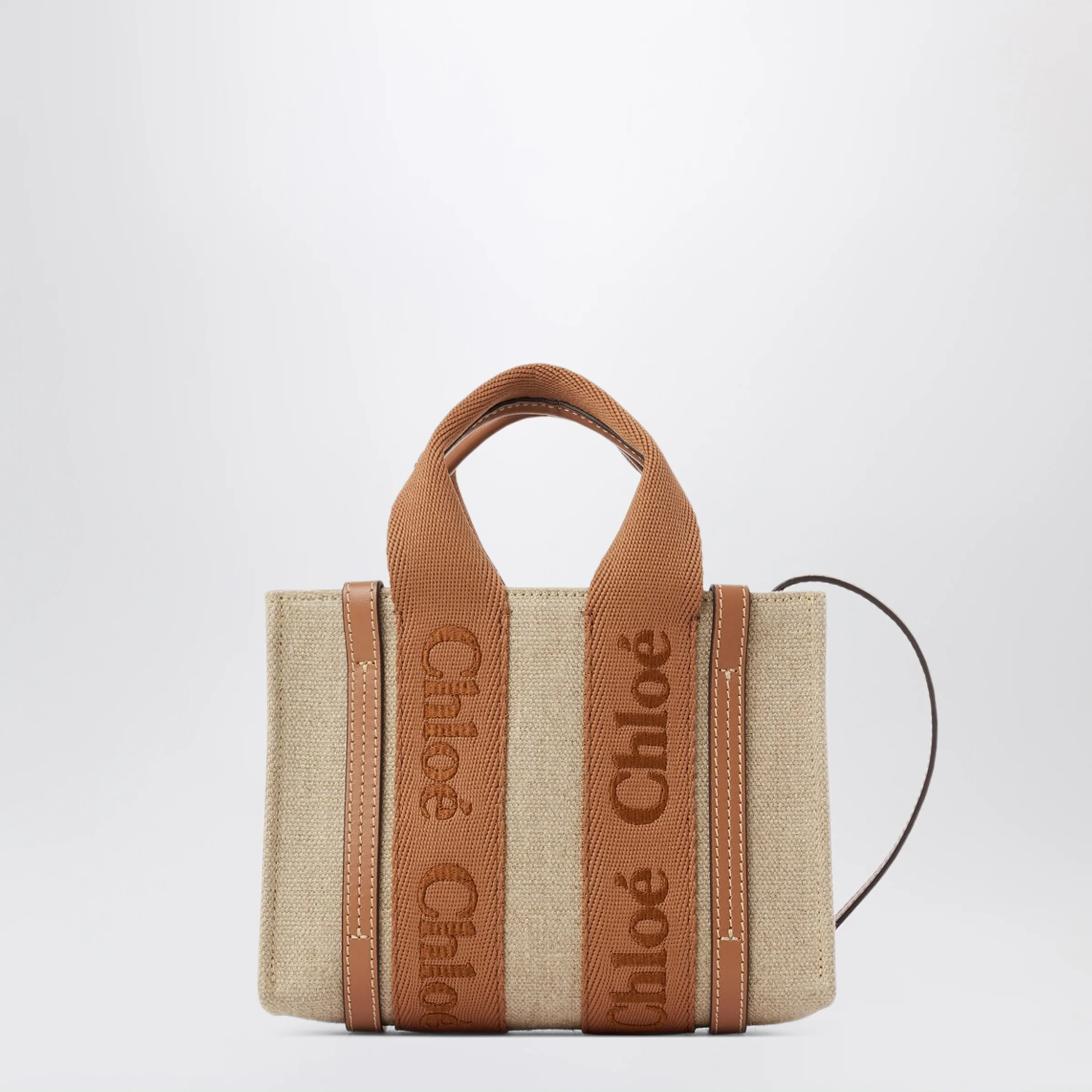 Chloé Small Woody tote bag in linen Dusty Tan