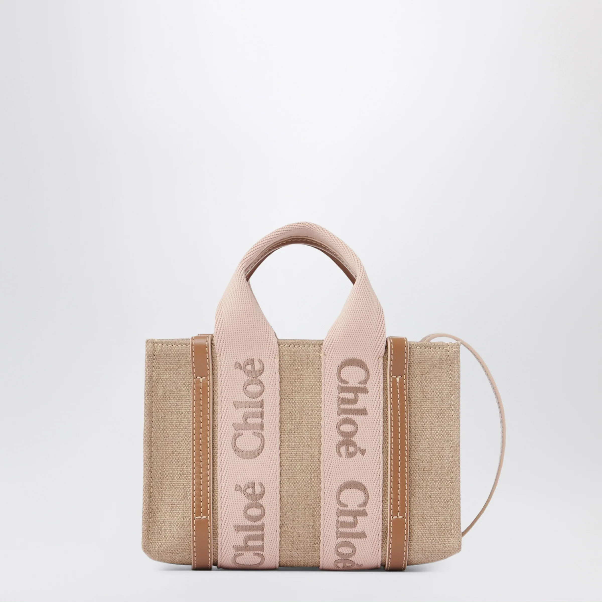 Chloé Small Woody tote bag in linen Blushy beige