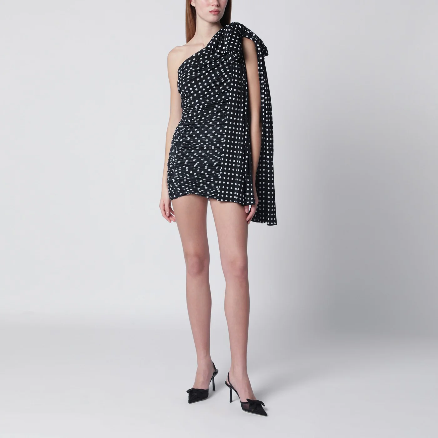 Patou Blue polka dot draped one-shoulder dress