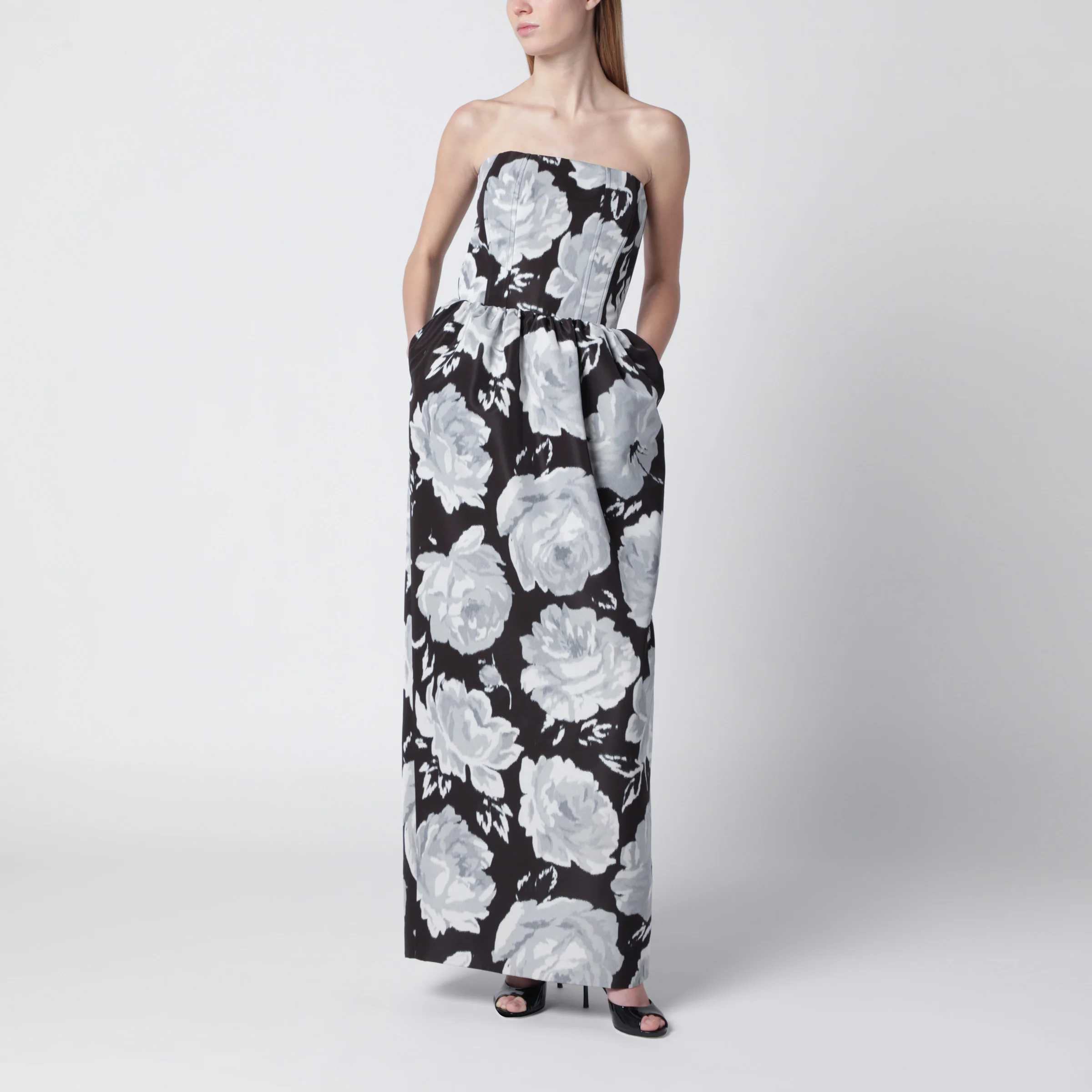 Patou Long bustier dress in mesh with floral print