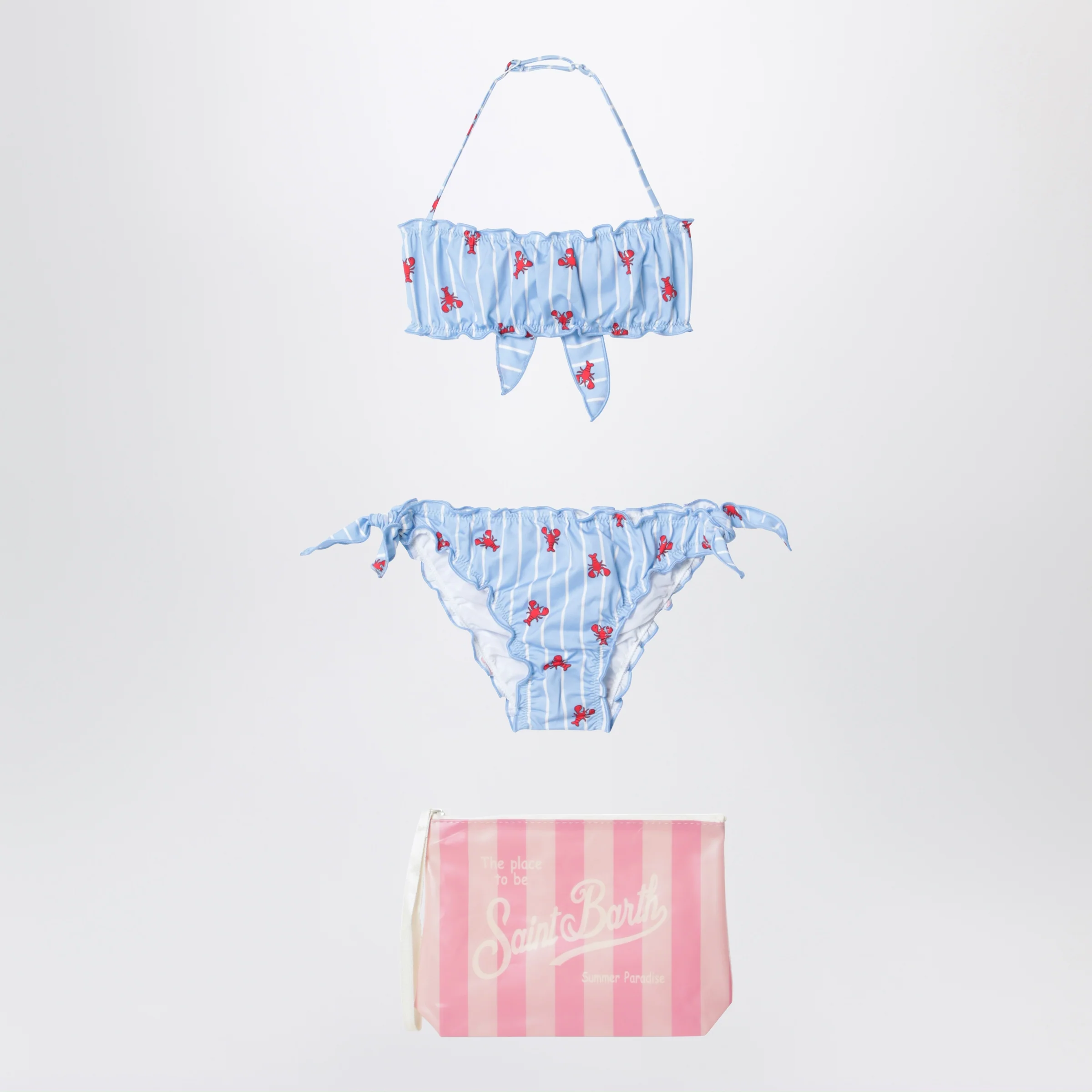 MC2 Saint Barth Light blue striped bikini with little crabs and pouch