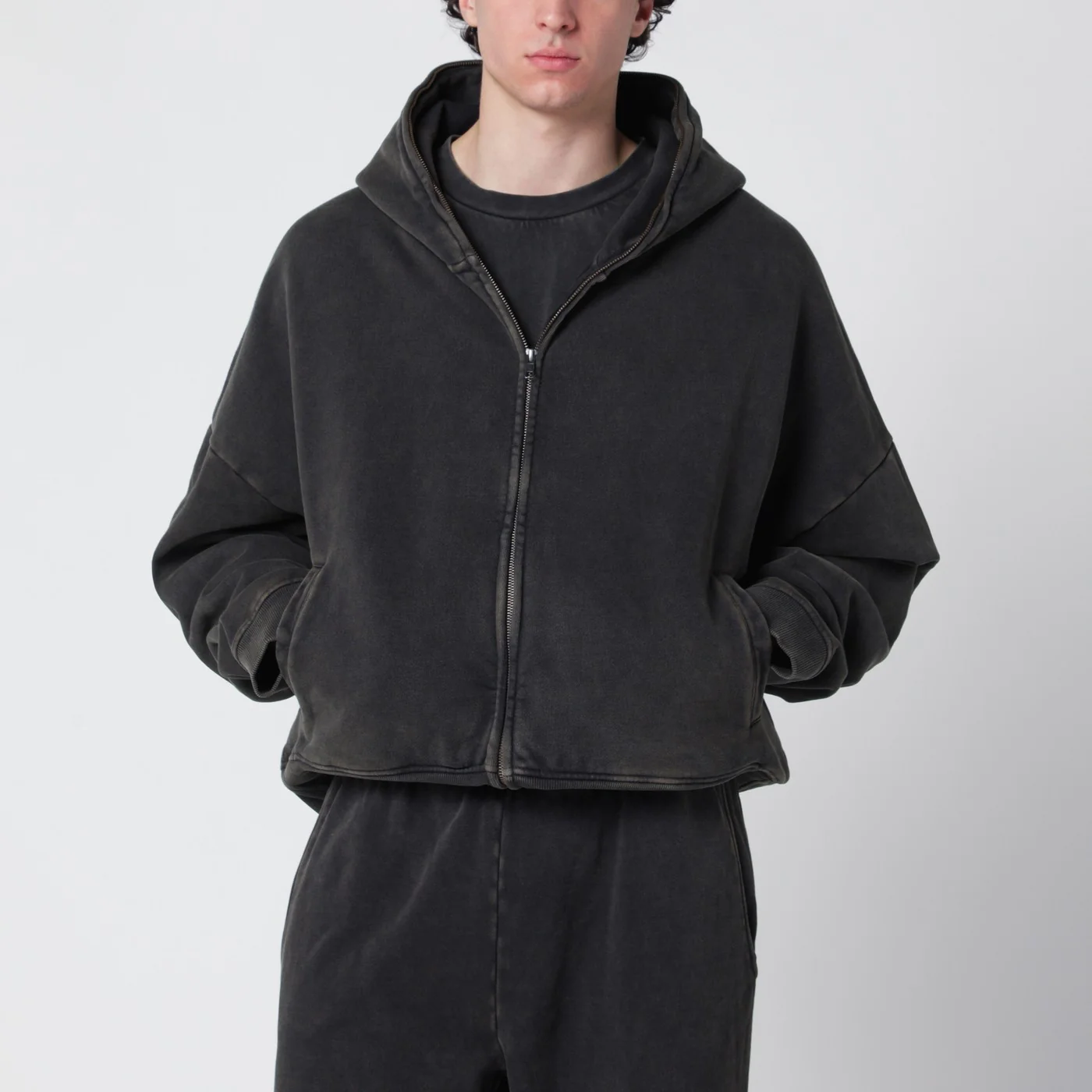 Entire Studios Washed black cotton zip-up hoodie