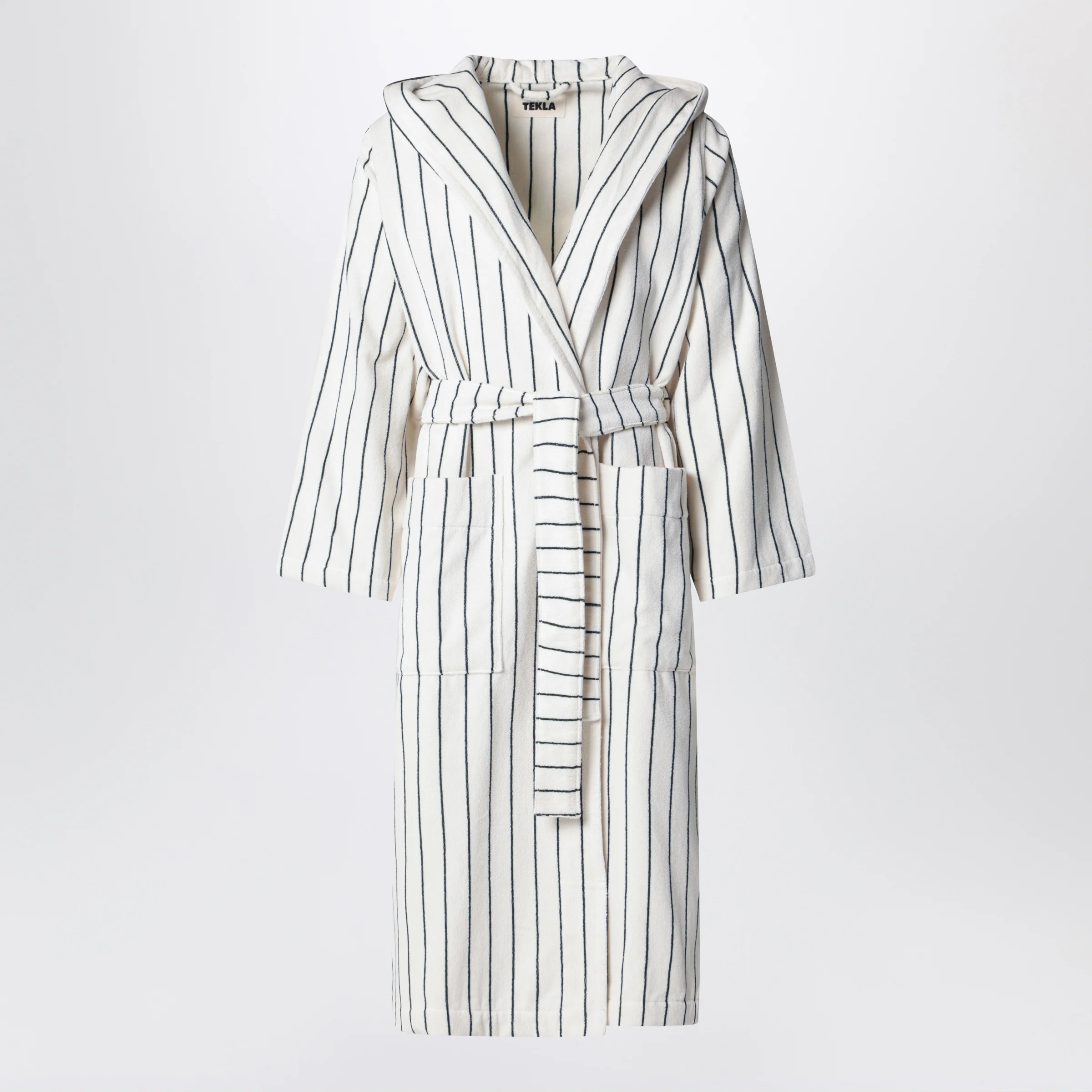 Tekla Hooded organic cotton bathrobe in racing green stripes