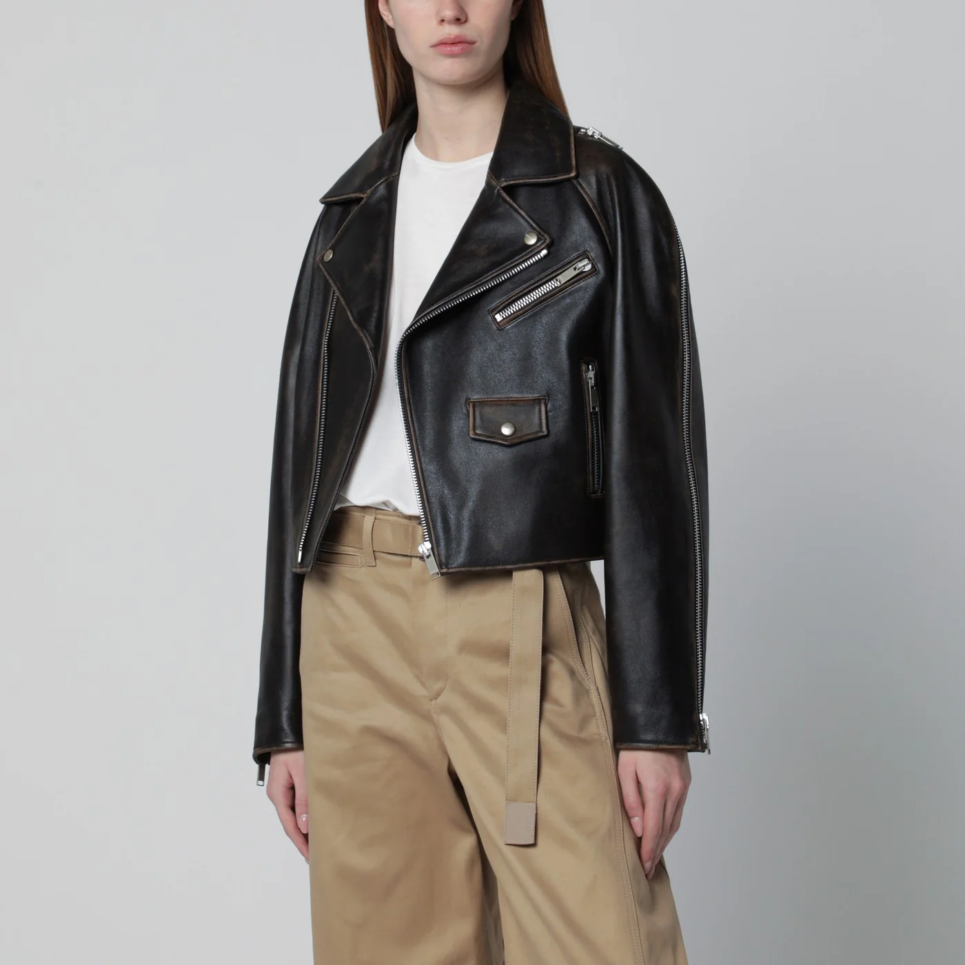 HALFBOY Oversized dark brown leather biker jacket