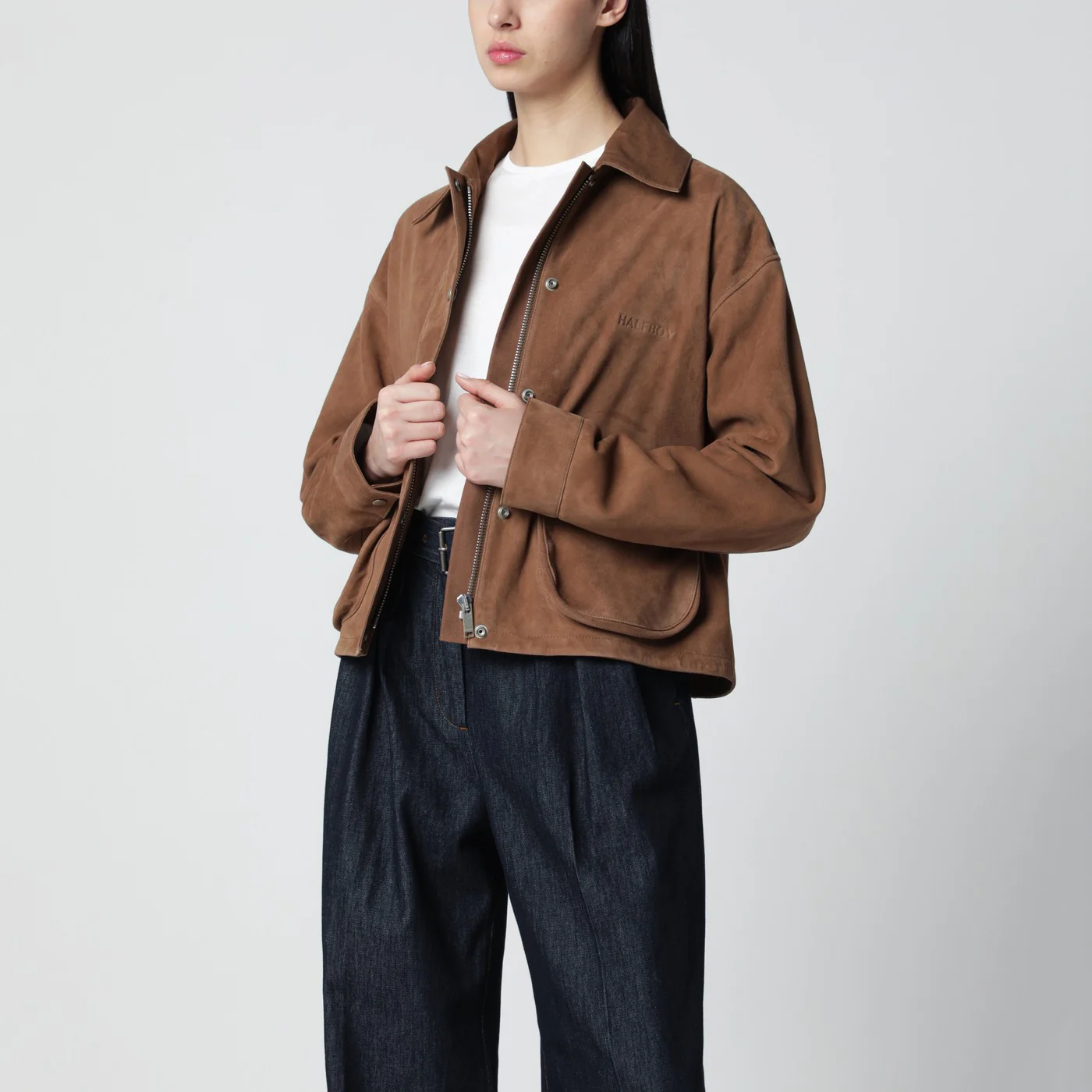 HALFBOY Short mocha suede leather jacket