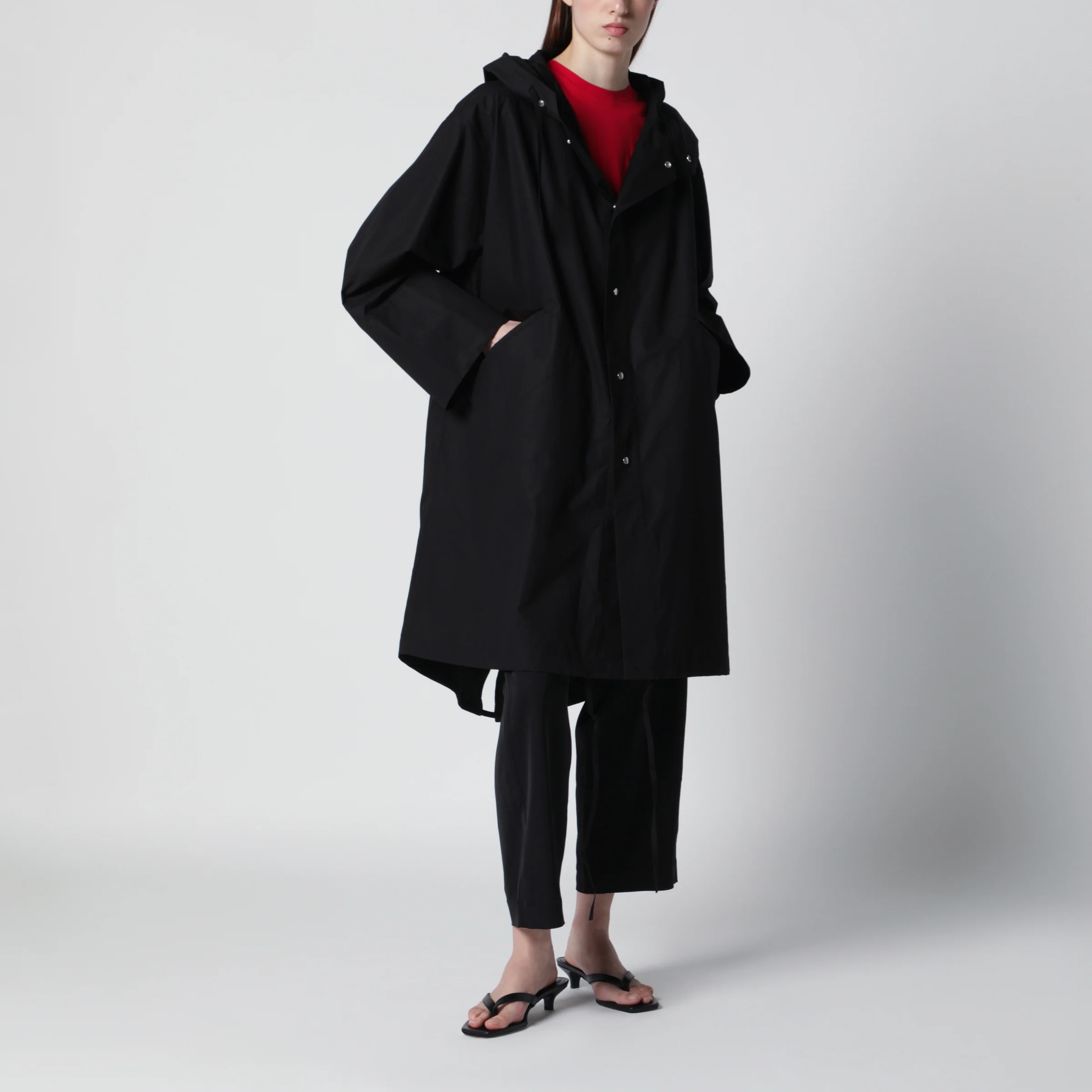 Jil Sander Mid-length hooded parka in waterproof cotton, black