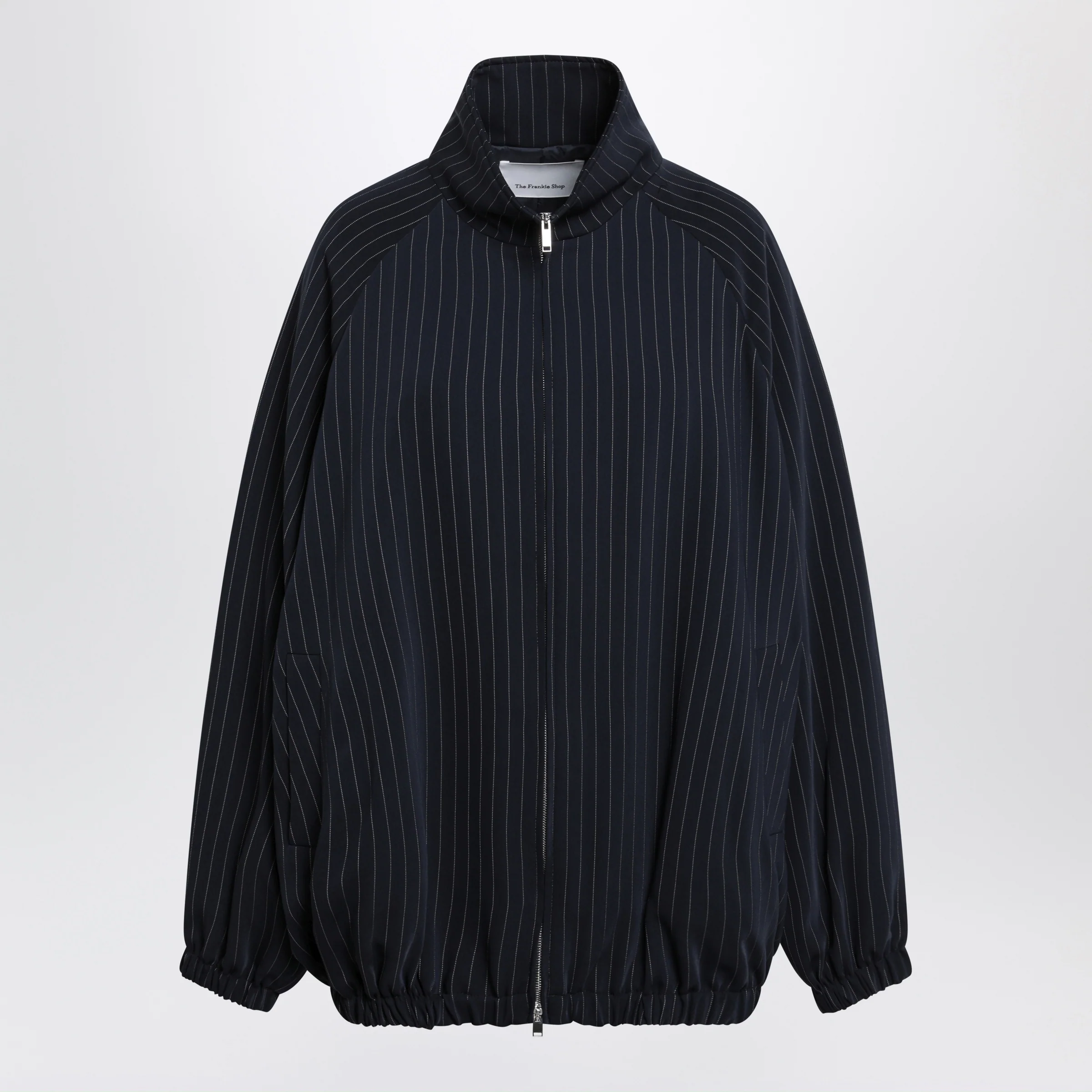 The Frankie Shop Baxter track jacket in pinstriped polyester, navy/white
