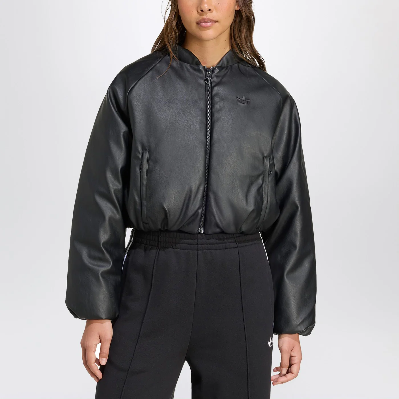 adidas Originals Black faux leather zip-up bomber jacket