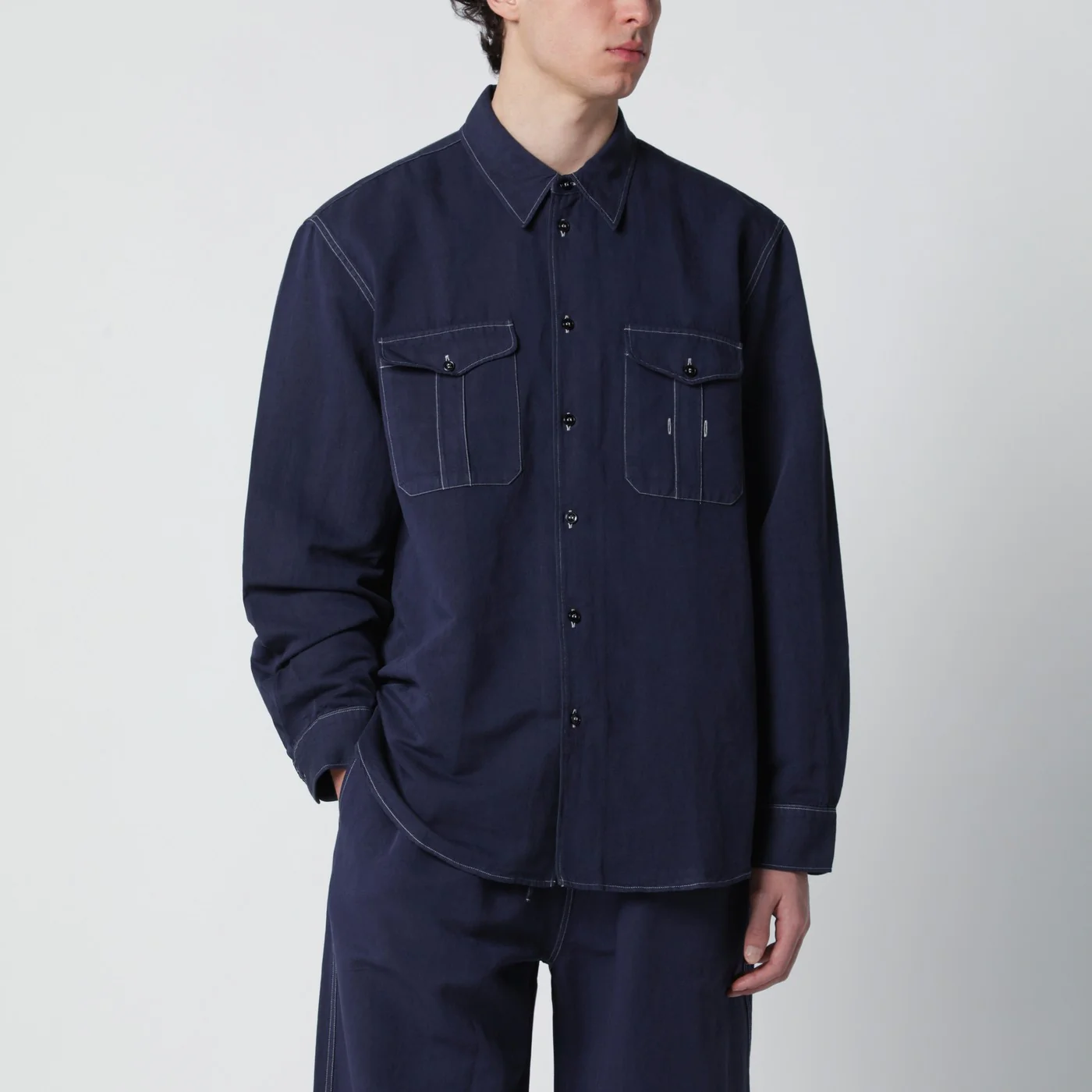 STUDIO NICHOLSON Louro shirt indigo blue in cotton and linen