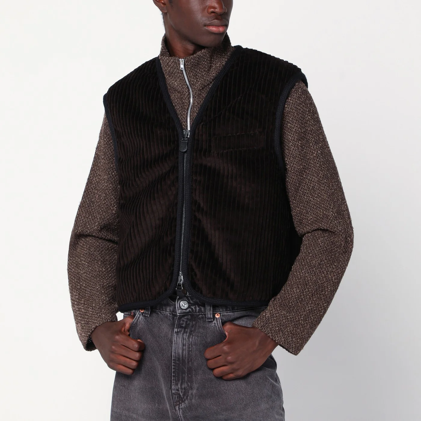 Our Legacy Brown ribbed velvet zip-up waistcoat