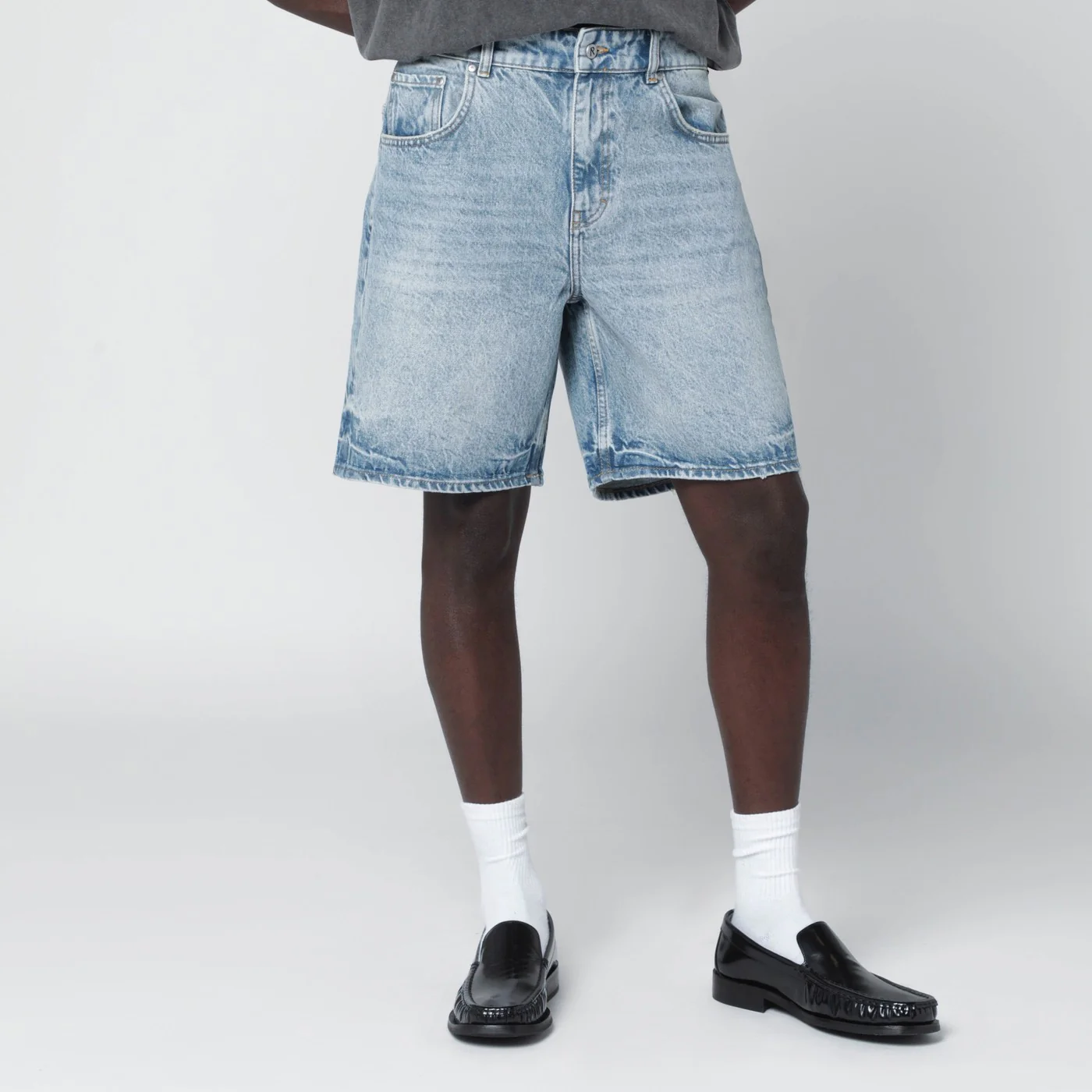 Represent Light blue washed-effect denim Bermuda shorts