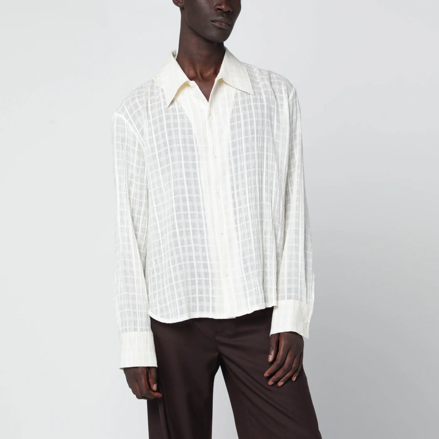 Séfr Ignacio white cotton and linen checked shirt