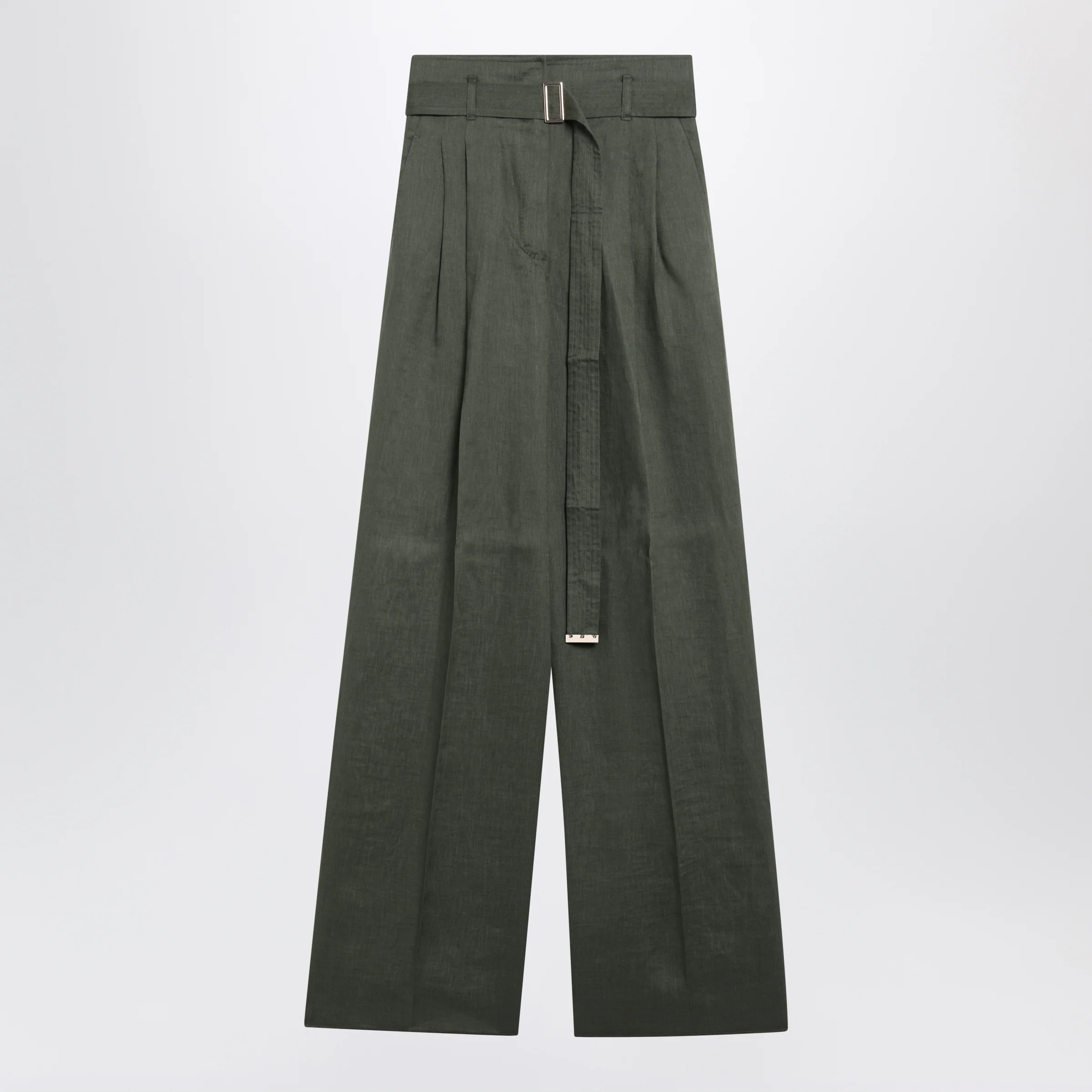Max Mara Studio High-waist wide-leg washed linen pants, khaki green