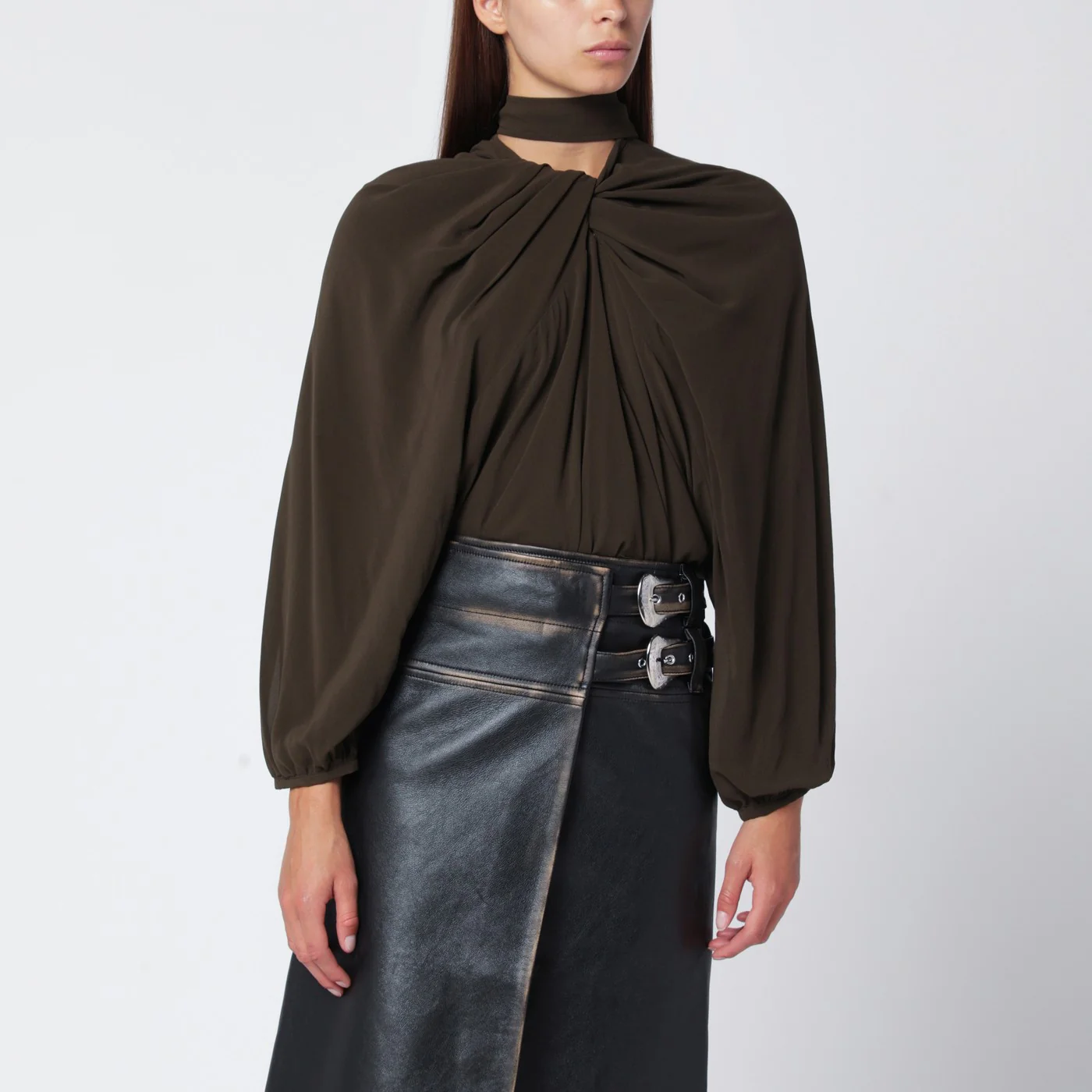 NAMACHEKO Black draped silk top