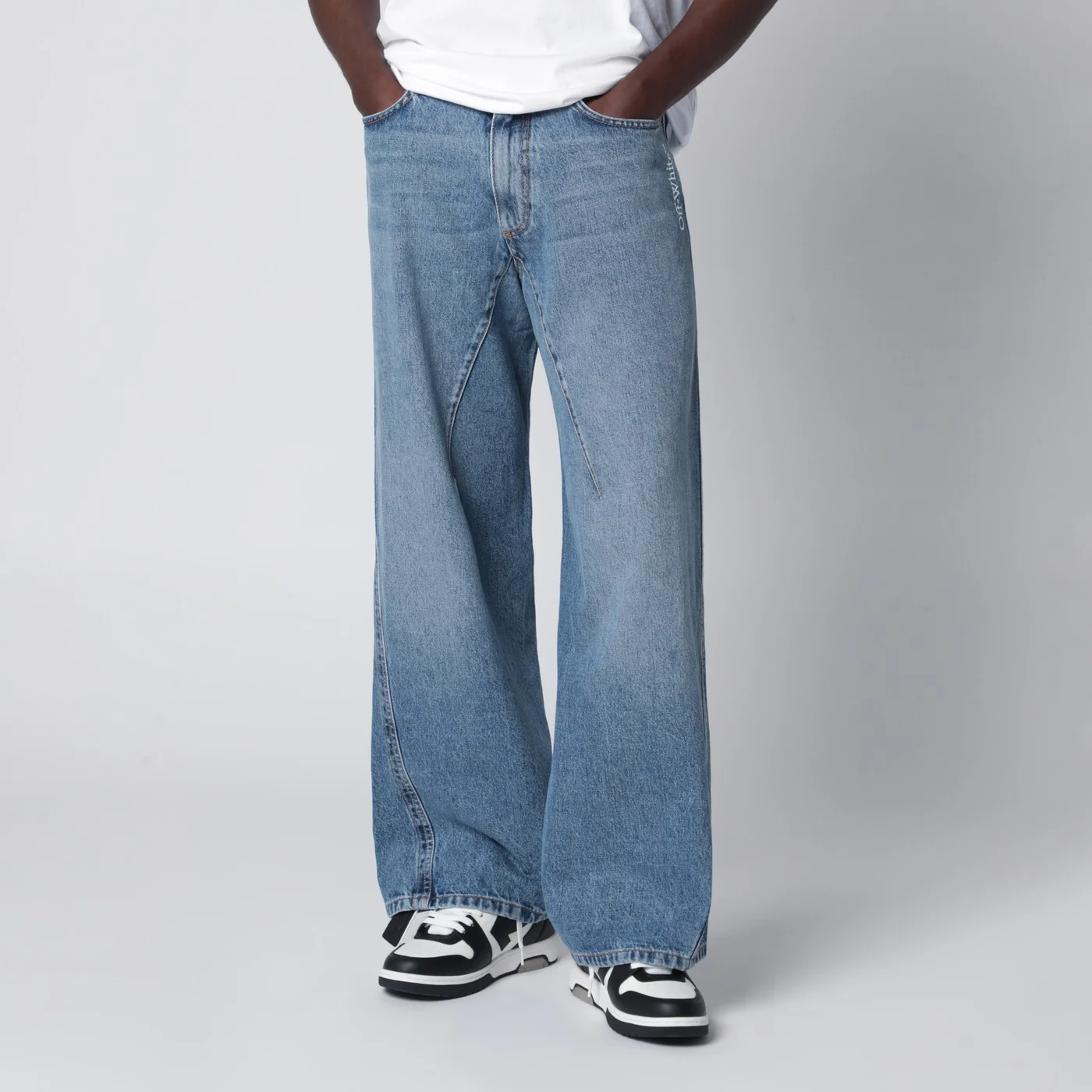Off-White™ Wide-leg light blue jeans with logo
