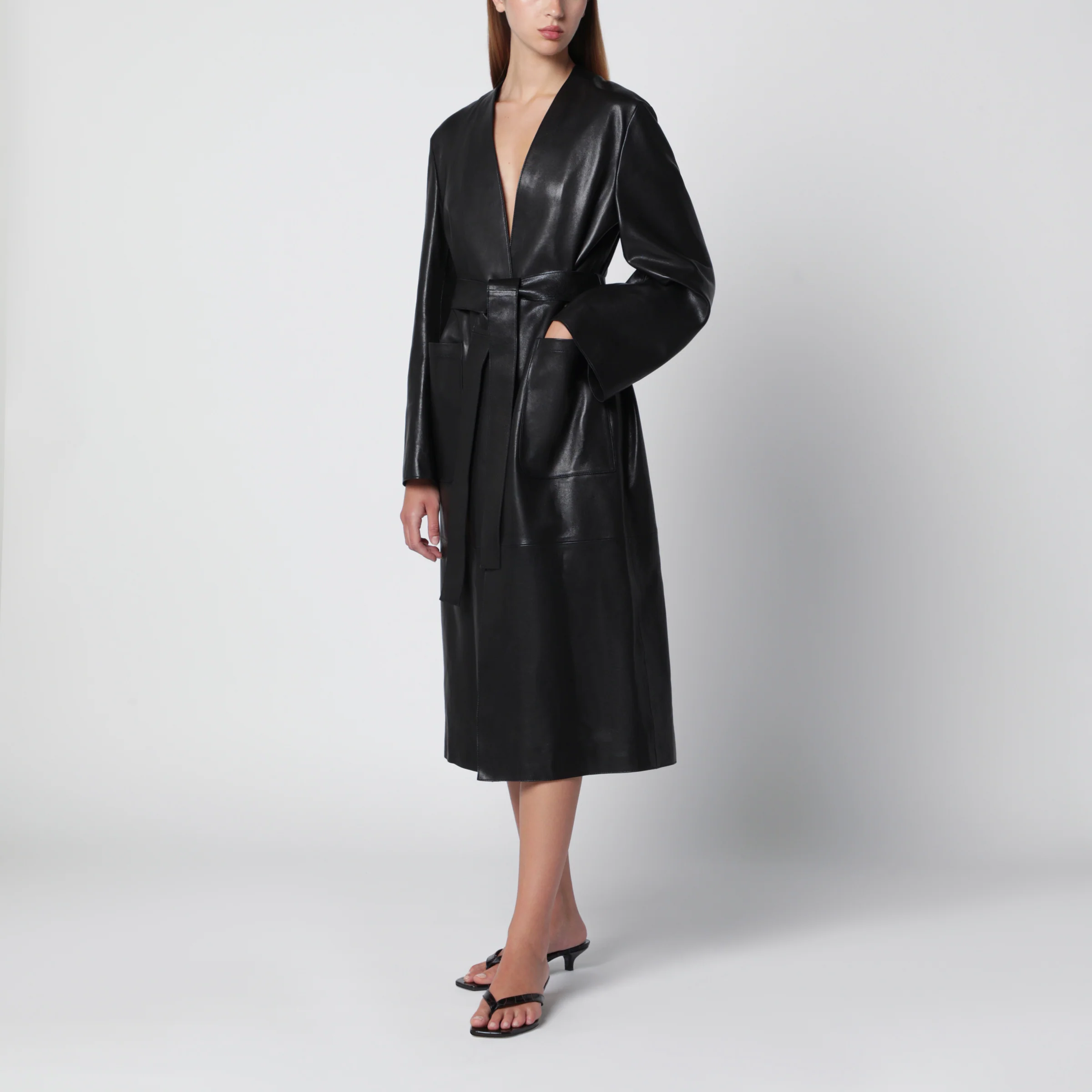 Nour Hammour Ruelle belted coat in smooth black leather
