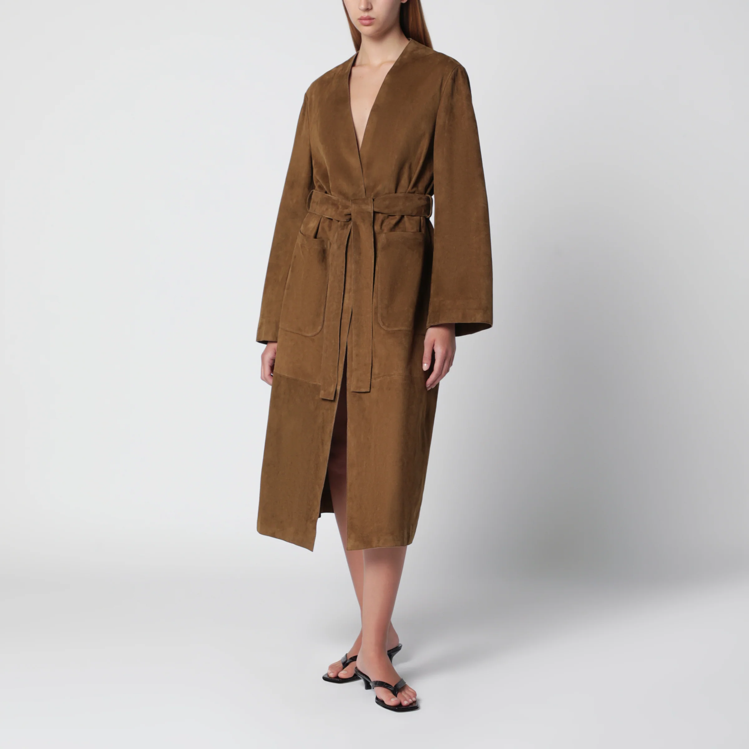 Nour Hammour Ruelle belted coat in brown suede leather