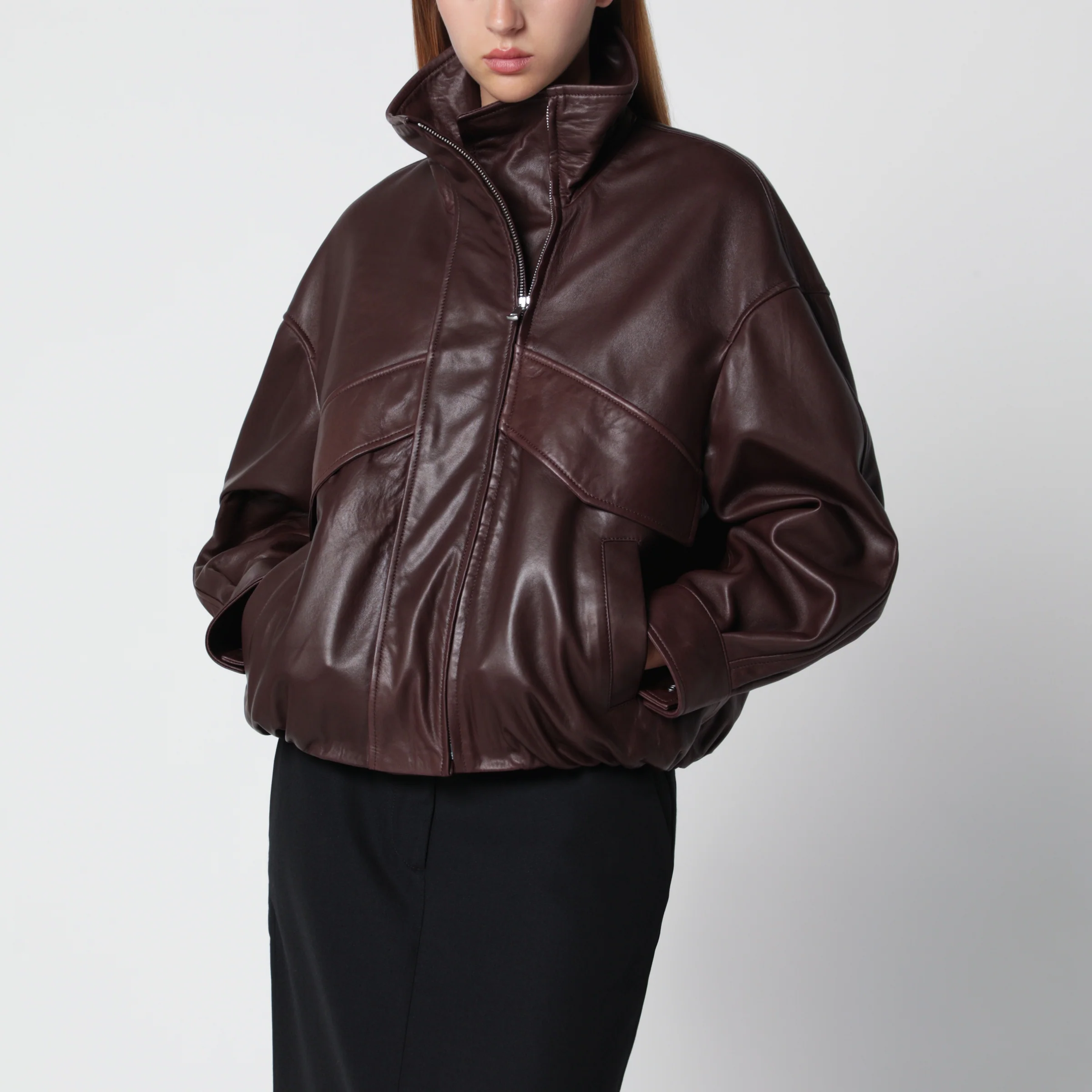 Nour Hammour Roland ebony brown leather bomber jacket