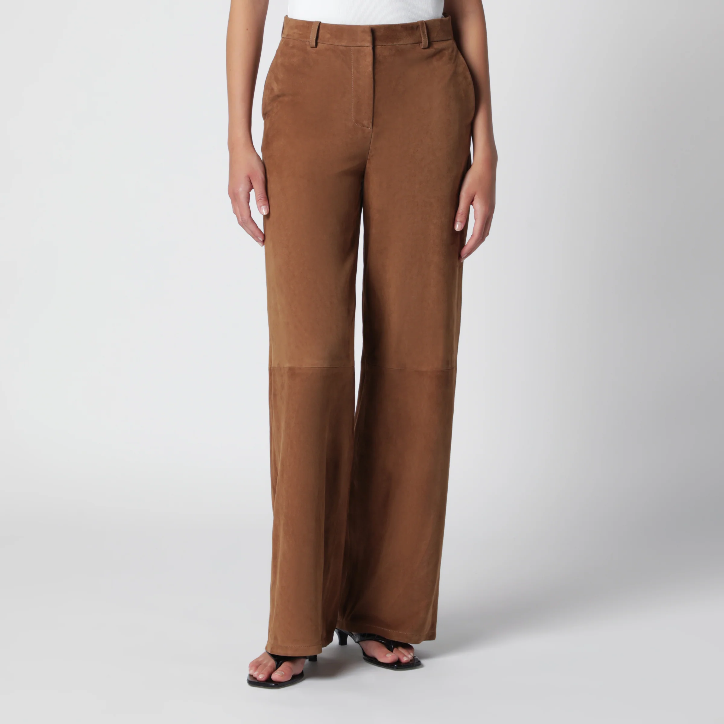 Nour Hammour Coda wide-leg trousers in Tobacco suede leather