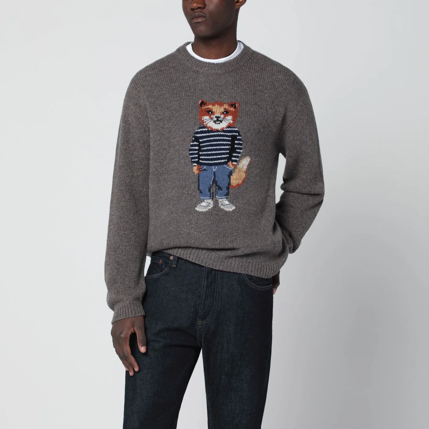 Maison Kitsuné Grey mélange sweater with Dressed Fox intarsia
