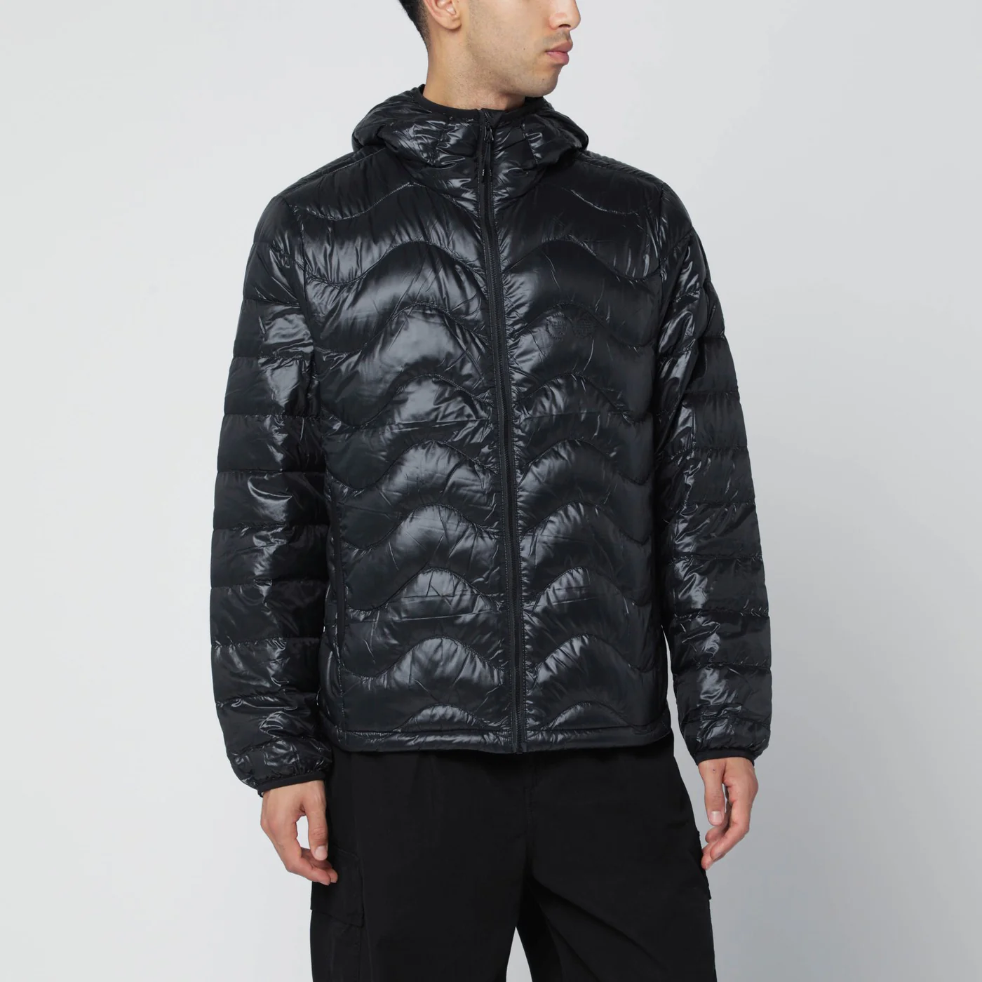 Purple Mountain Observatory Black Waves hooded puffer jacket