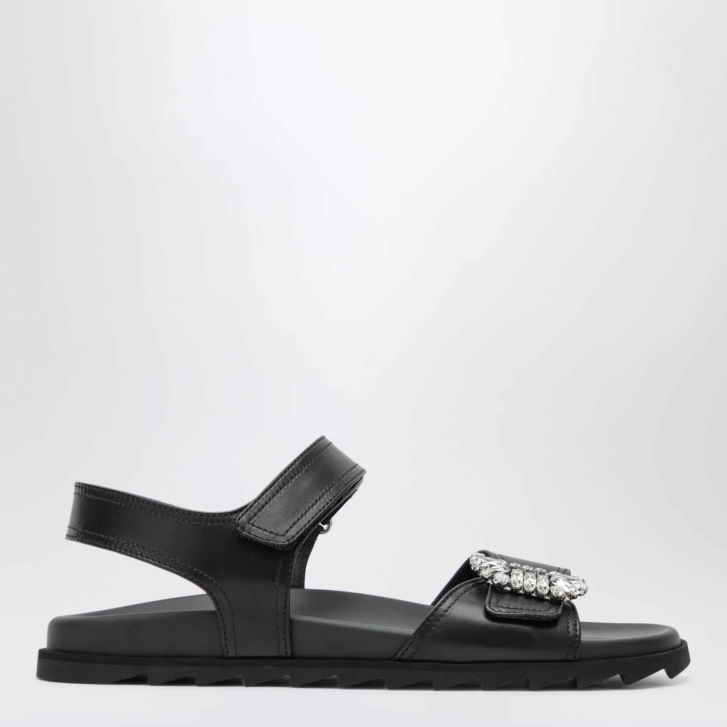 ROGER VIVIER Black leather sandals with crystal buckle
