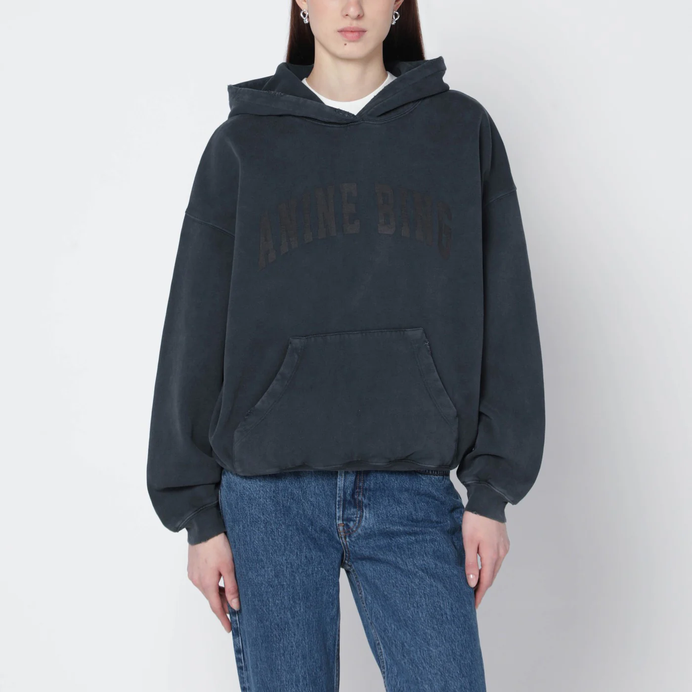 ANINE BING Black washed hoodie with distressing