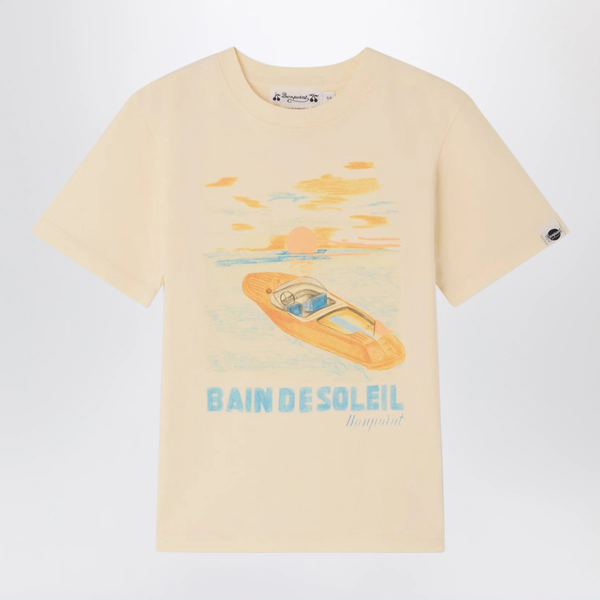 Bonpoint Thibald écru T-shirt with Bain de Soleil print